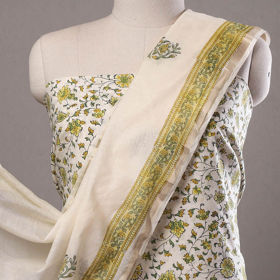 HAVELI CHRONICLES Beige - 3pc Sanganeri Block Printed Cotton Suit Material with Chanderi Silk Dupatta 03 - view 3