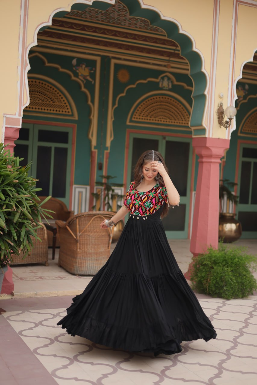 ClothsVilla Black Designer Rayon Gown with Kutchi Gamthi Kodi Work and 3-Layer Gathering Stitch - view 3