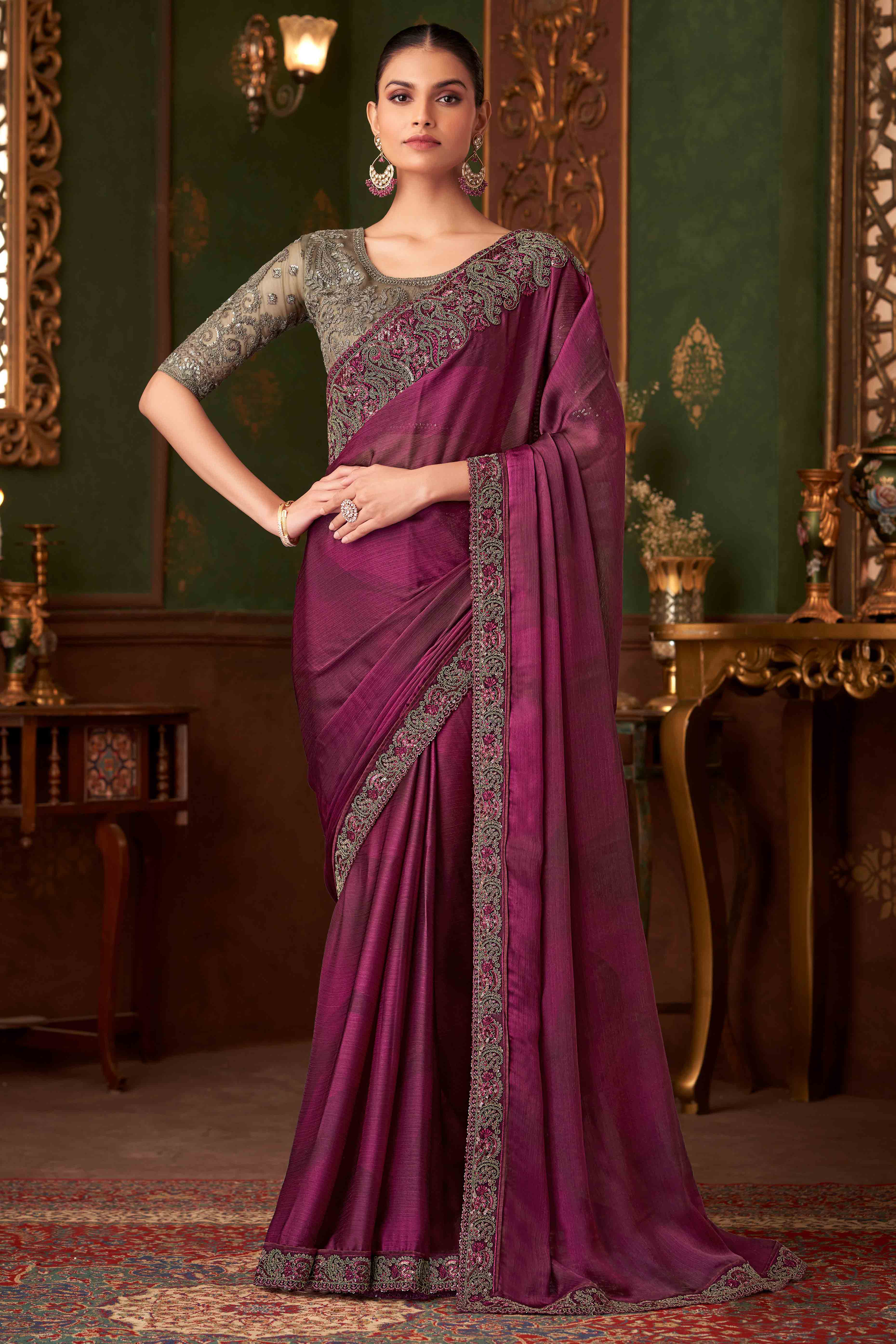 Peachmode Magenta Sequins Embroidered Chiffon Saree