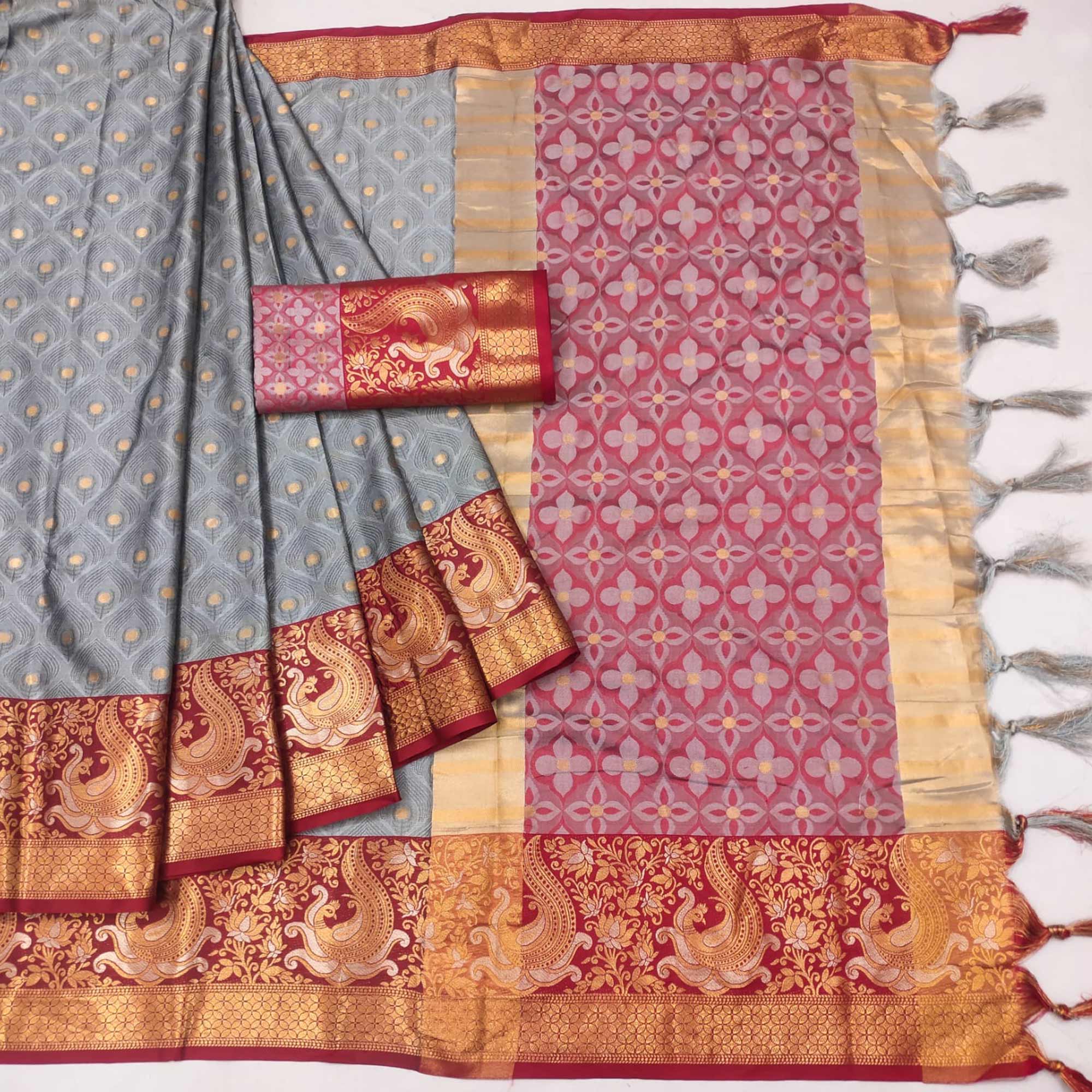 Peachmode Grey Woven Cotton Silk Saree With Tassels - view 3