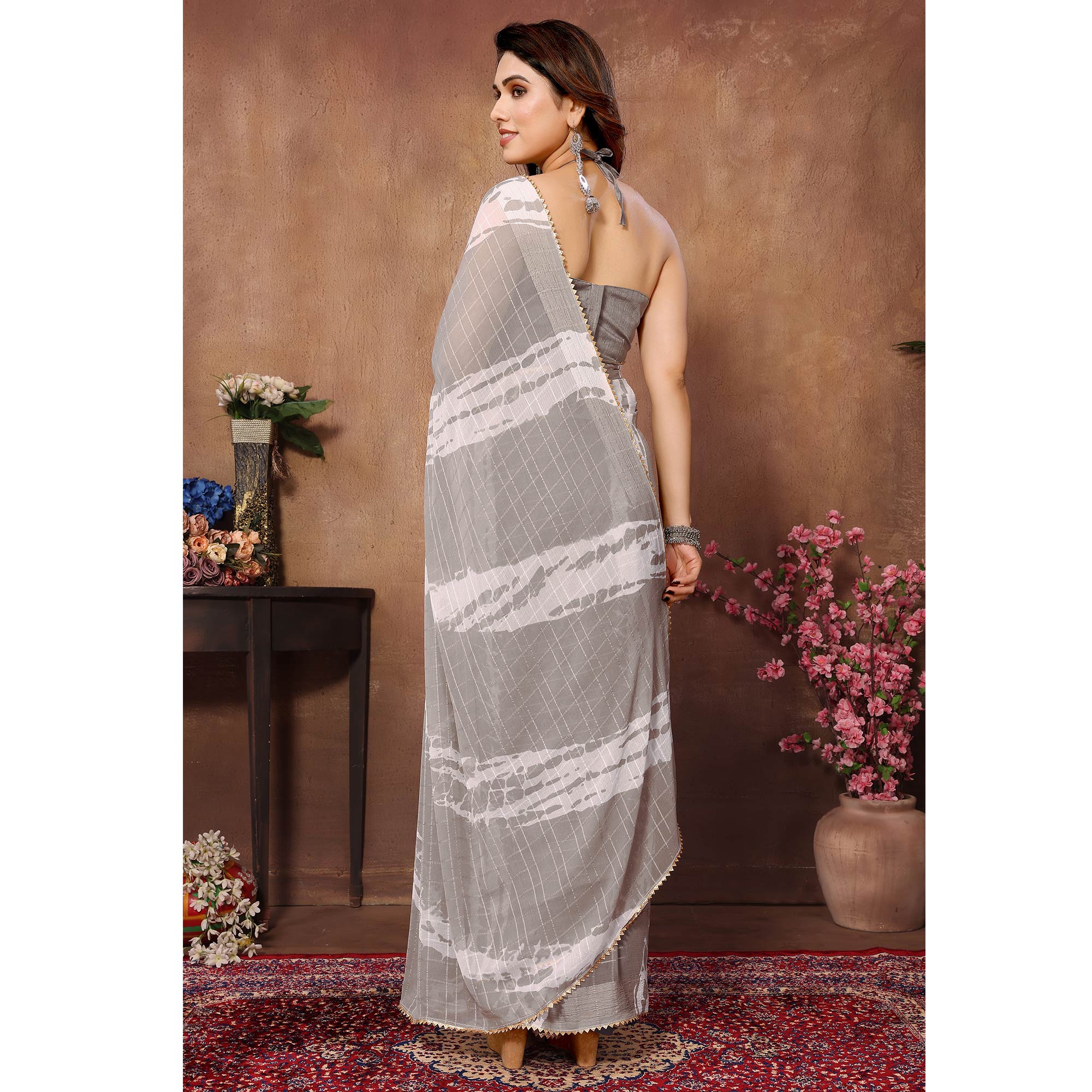 Peachmode Seller Light Grey Woven With Printed Ready To Wear Georgette Saree - view 6