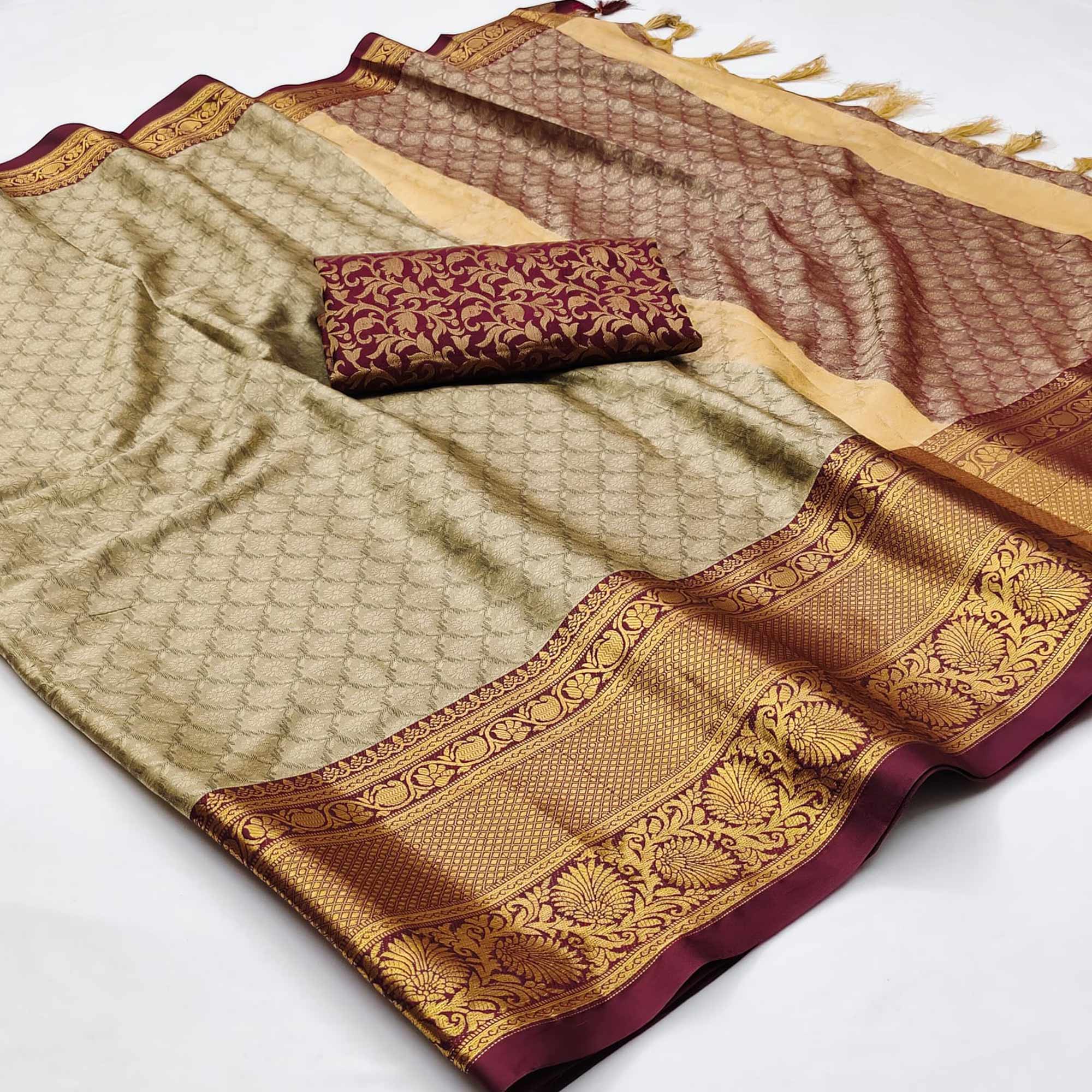Peachmode Chikoo Woven Cotton Silk Saree – Women's