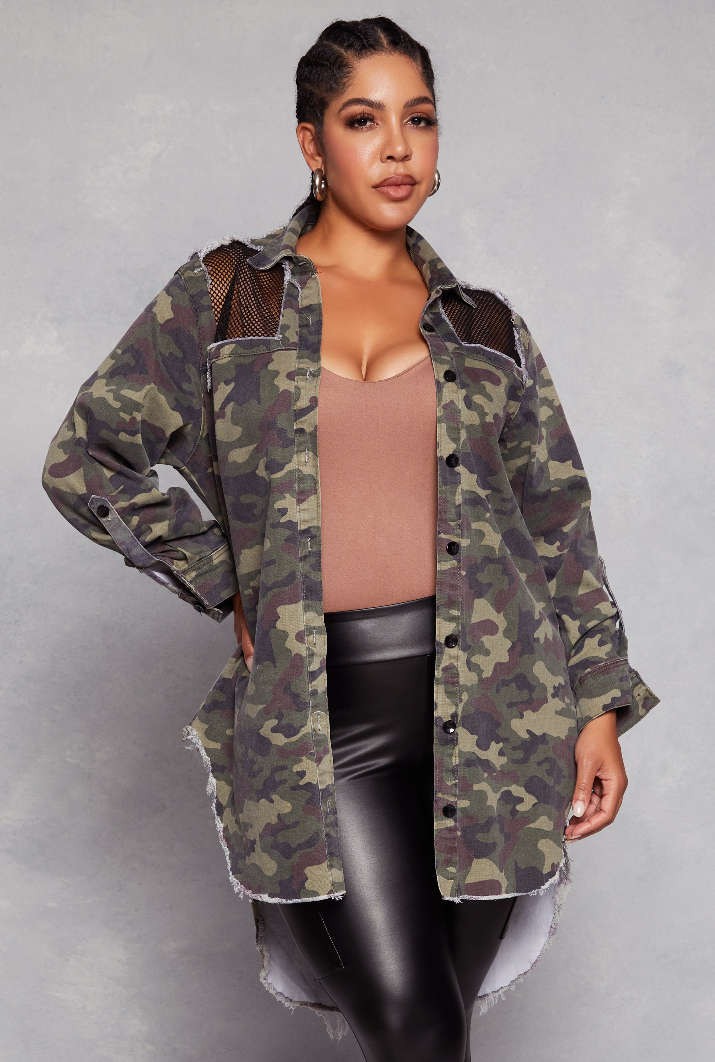 Rainbow Shops Plus Size Camo Fishnet Detail Button Front Shirt - view 2