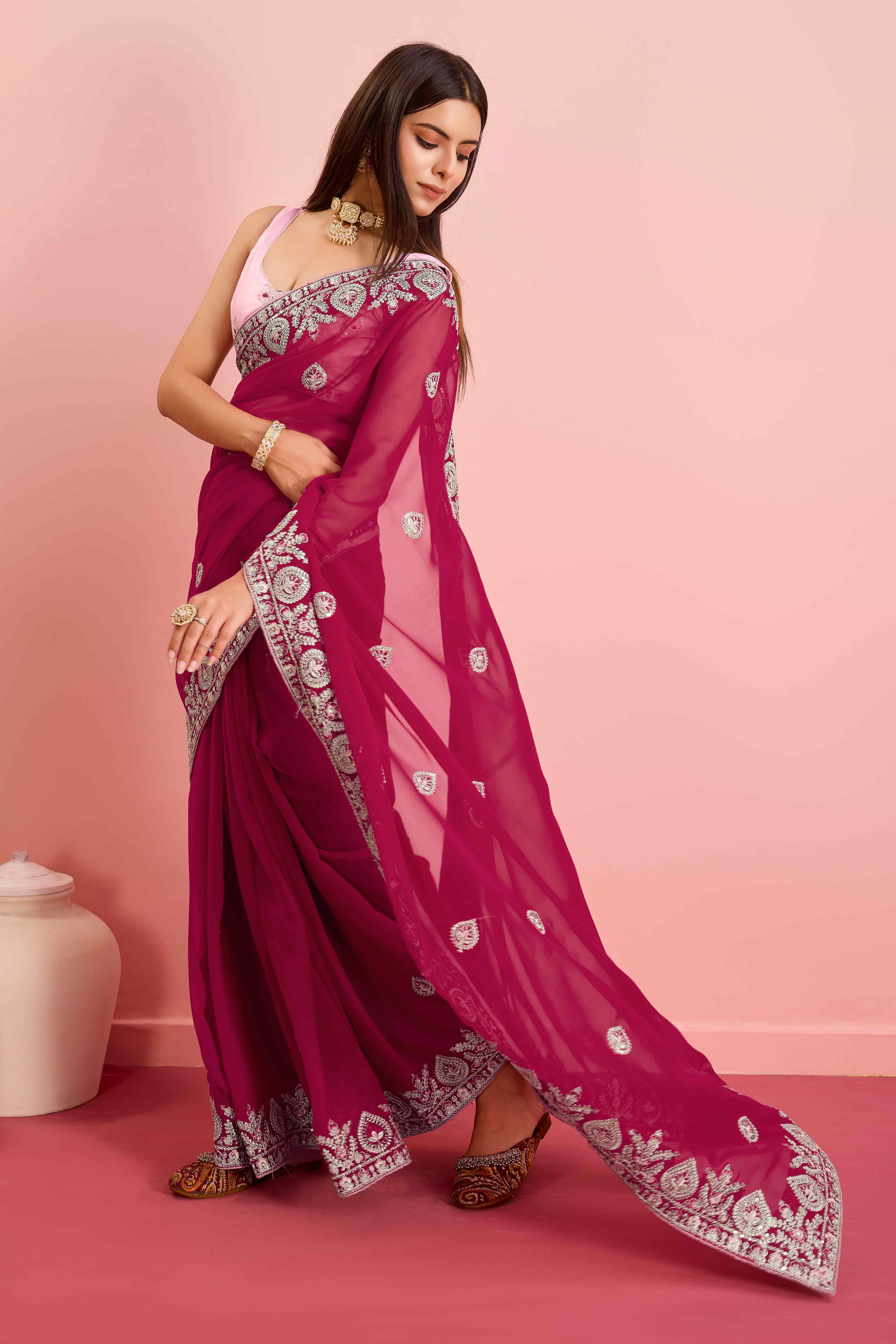 Peachmode Dark Magenta Floral Sequins Embroidered Georgette Saree