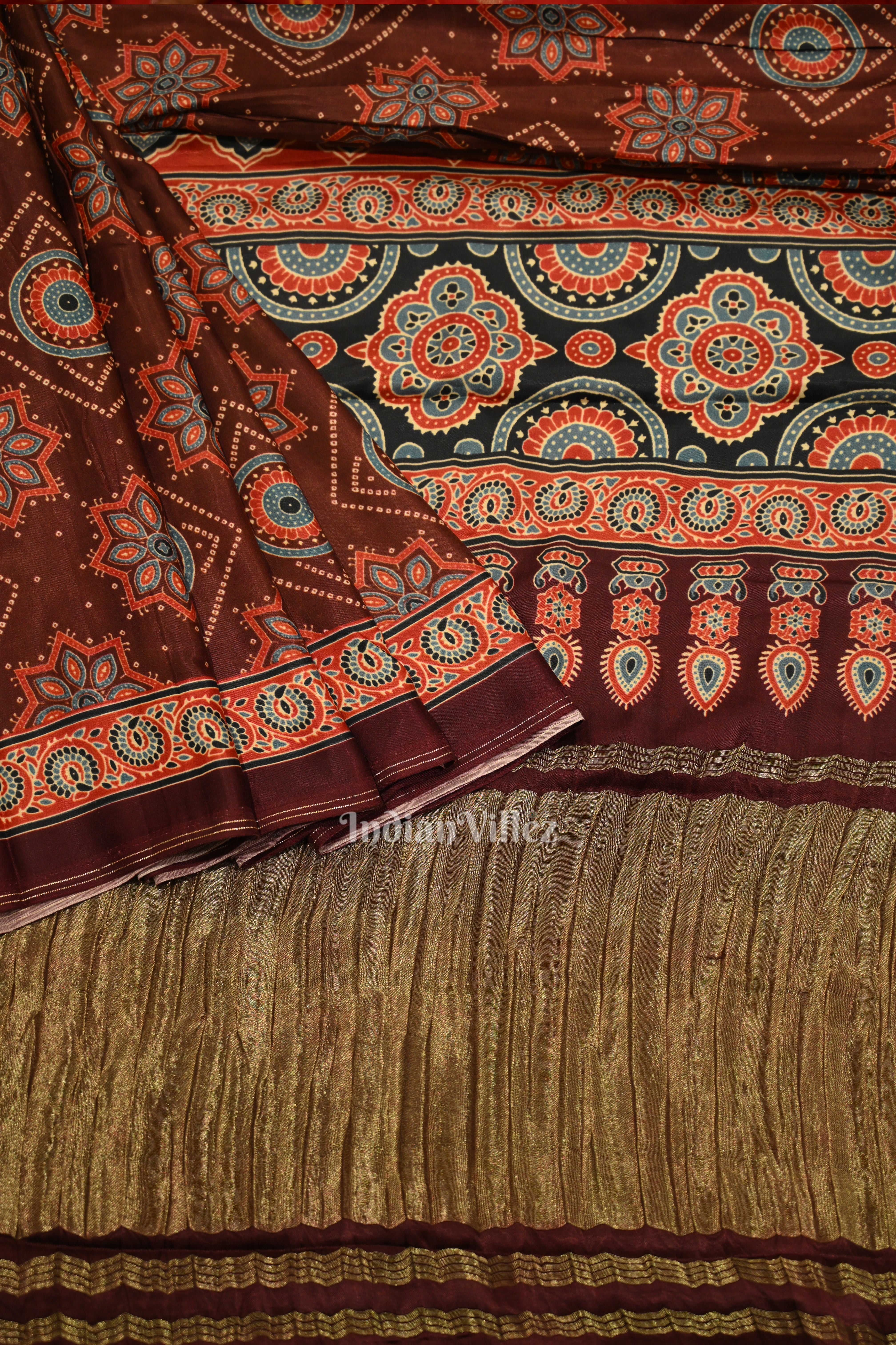 IndianVillèz Coffee Digital Print Banarasi Silk Saree
