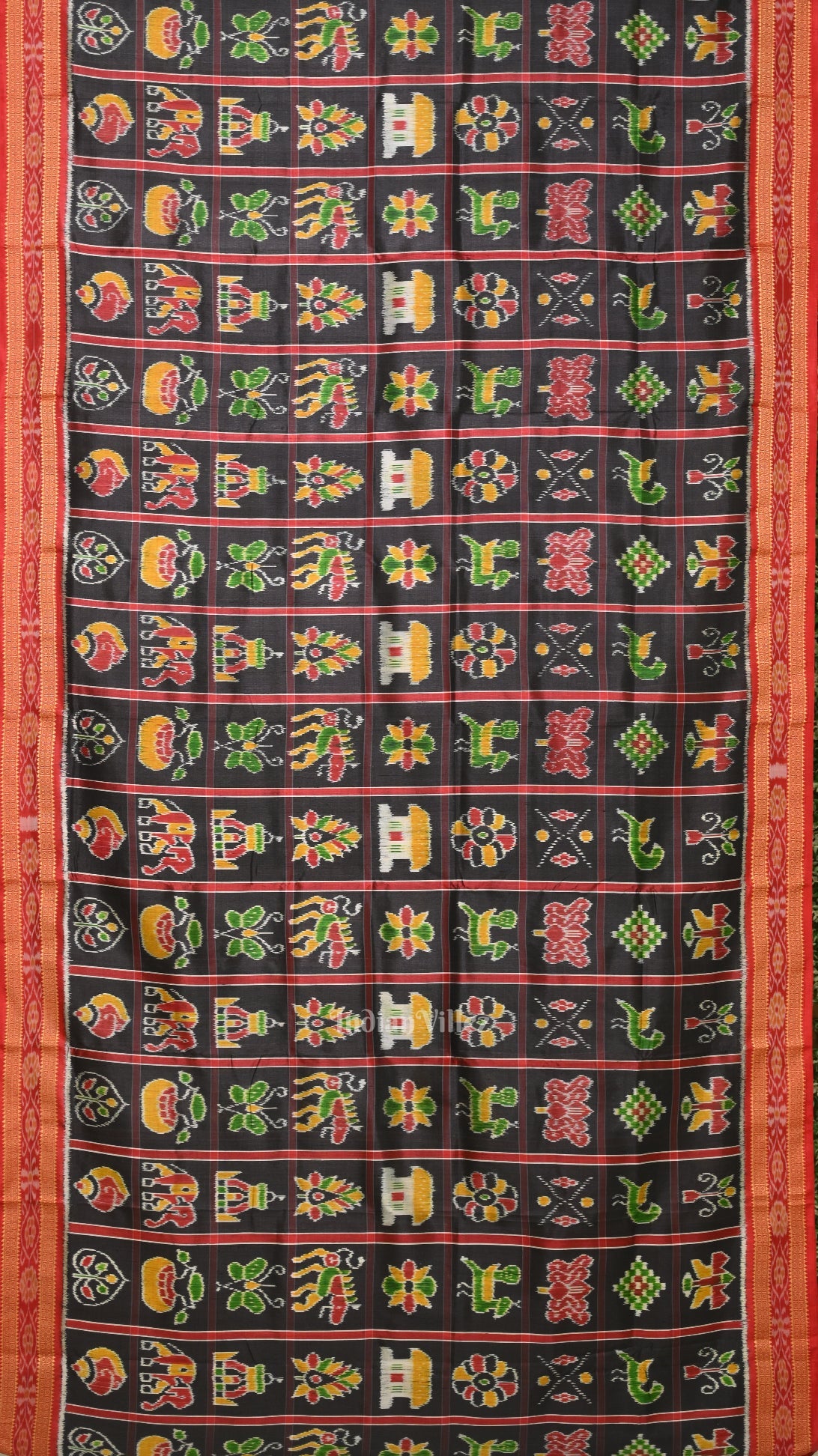 IndianVillèz Black Red Nabakothi Odisha Ikat Khandua Silk Saree - view 3