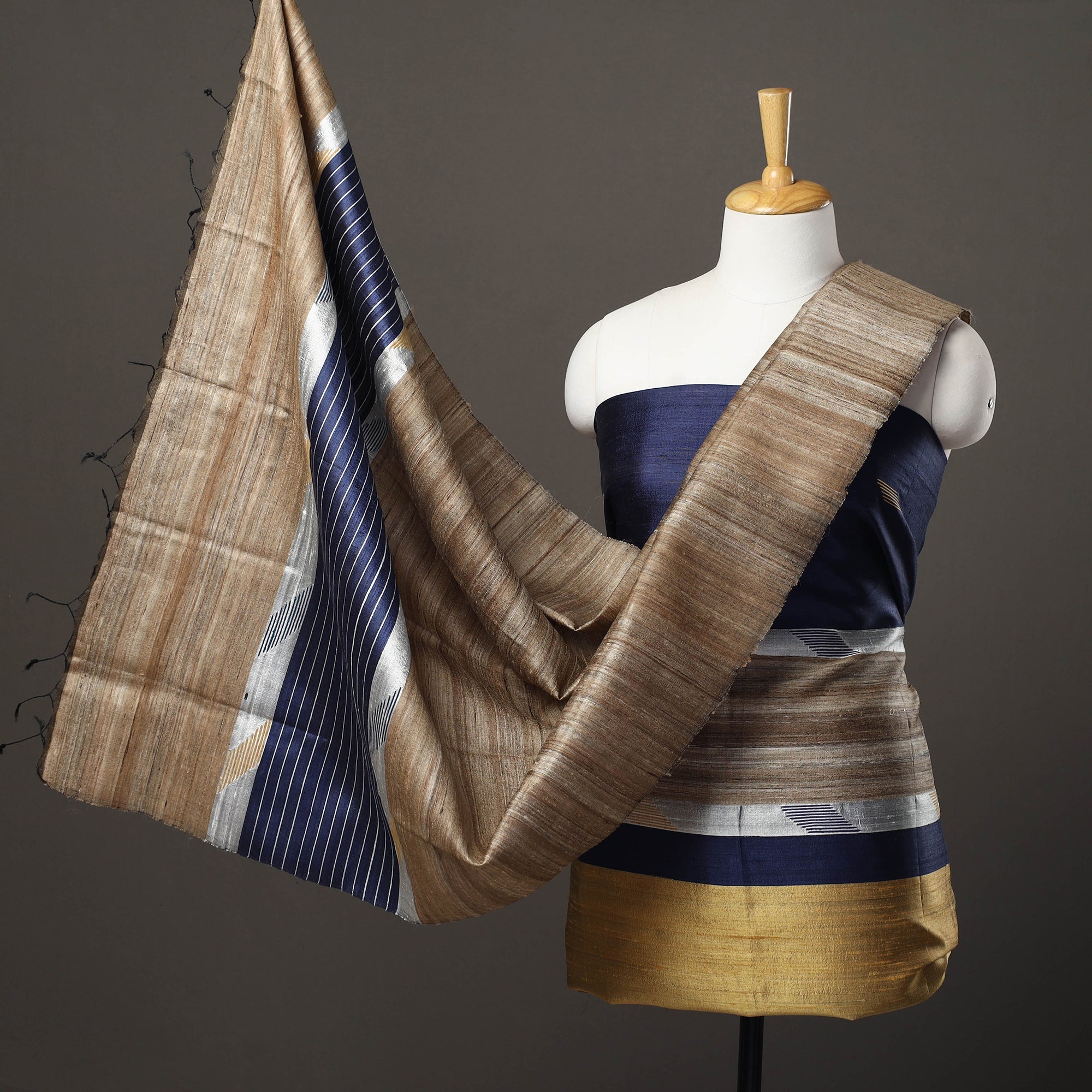 ITOKRI CRAFTS INITIATIVE Blue - 3pc Bhagalpuri Handloom Tussar Silk Dress Material 03