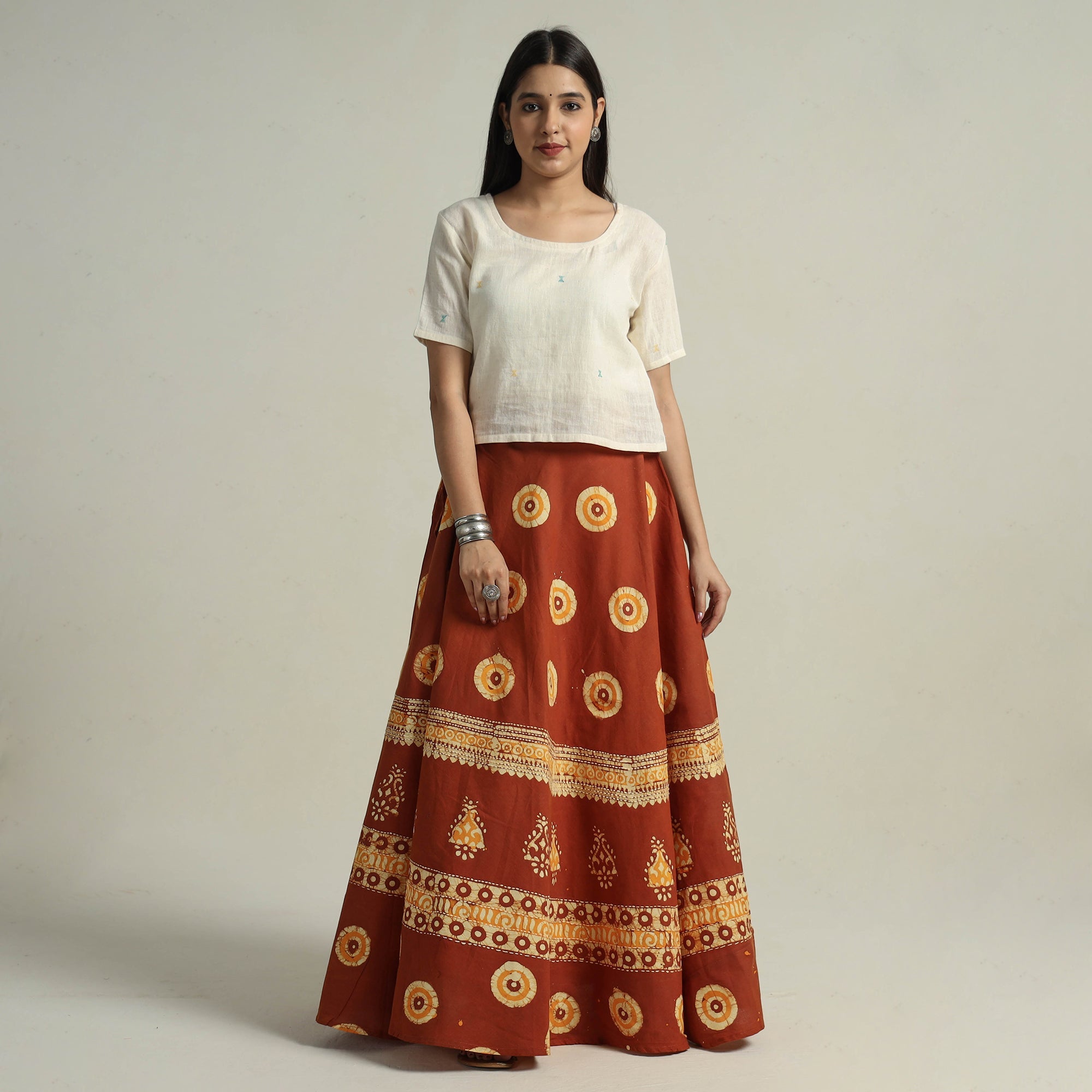 KACHCHH JI CHHAAP Brown - Hand Batik Printed Running Stitch Cotton Long Skirt 06