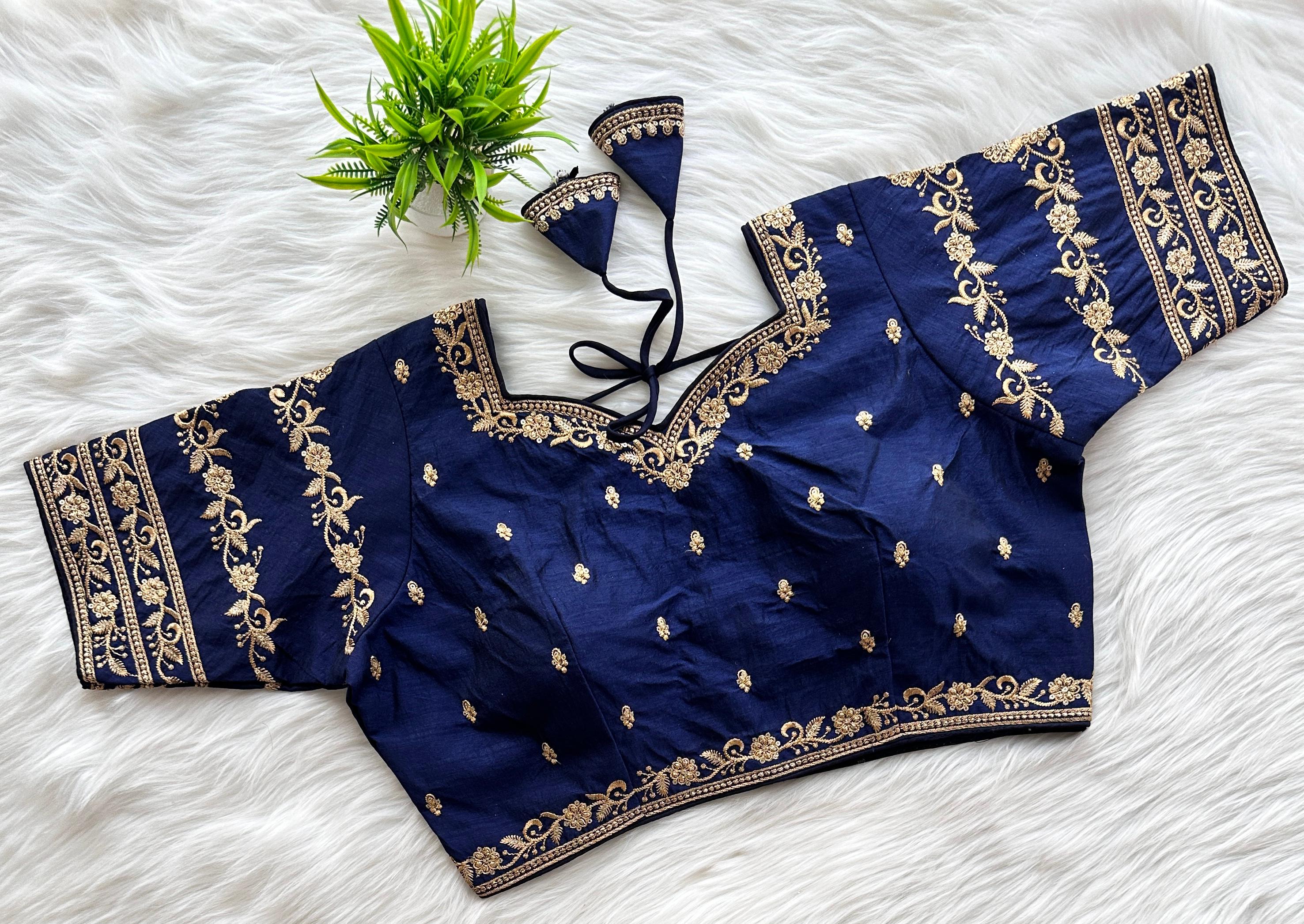 ClothsVilla Blue Rajbhog Silk Embroidered Blouse with Handcrafted Detailing