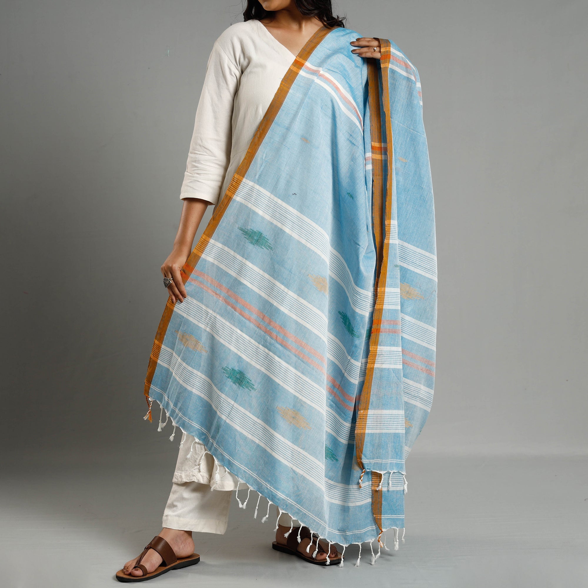 WEAVE INDIA BY SHEIKH MOIDUN NILUFAR Blue - Assam Weave Handloom Cotton Thread Buti Dupatta with Tassels - view 3