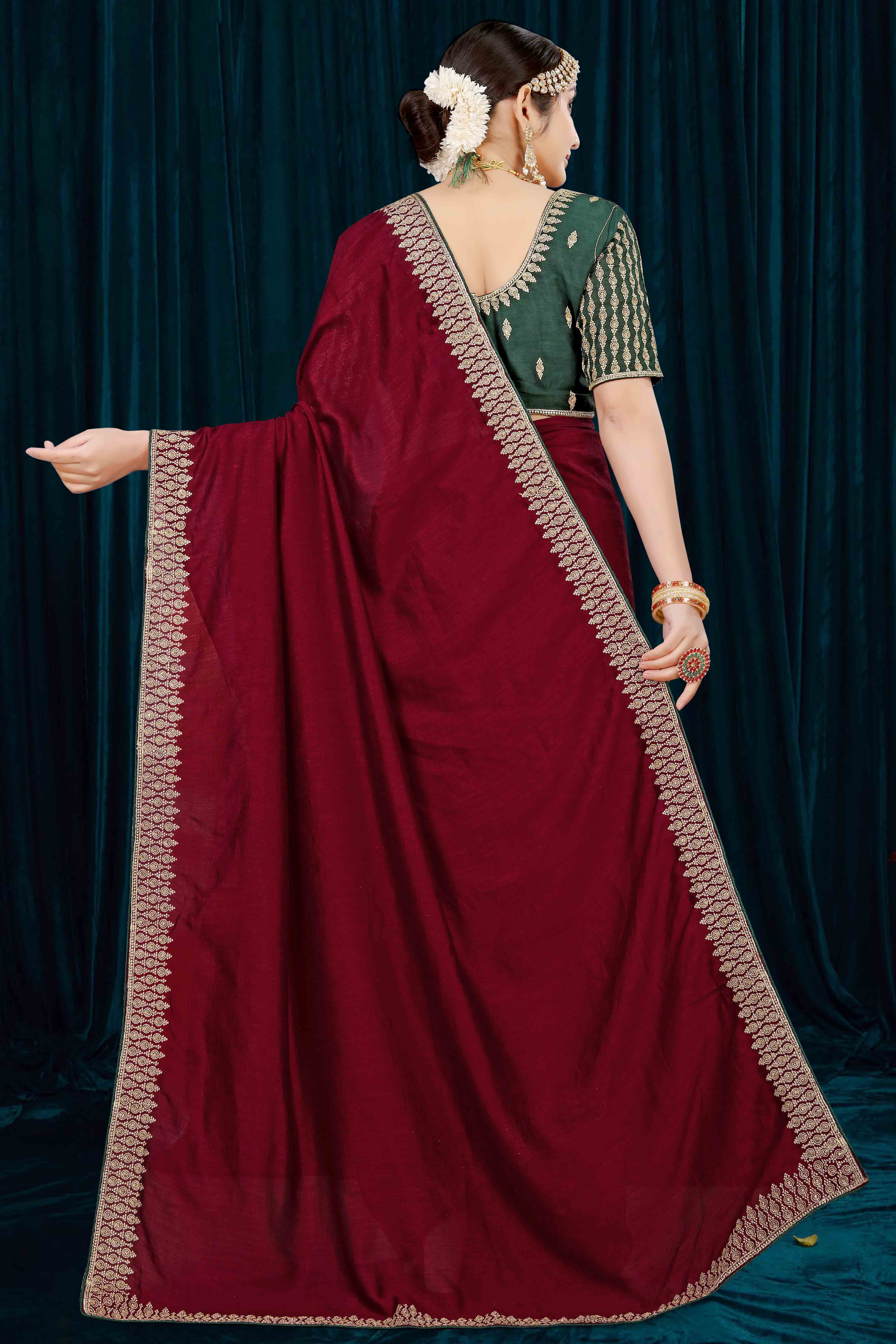 Peachmode Maroon Solid With Zari Embroidered Vichitra Silk Saree - view 5