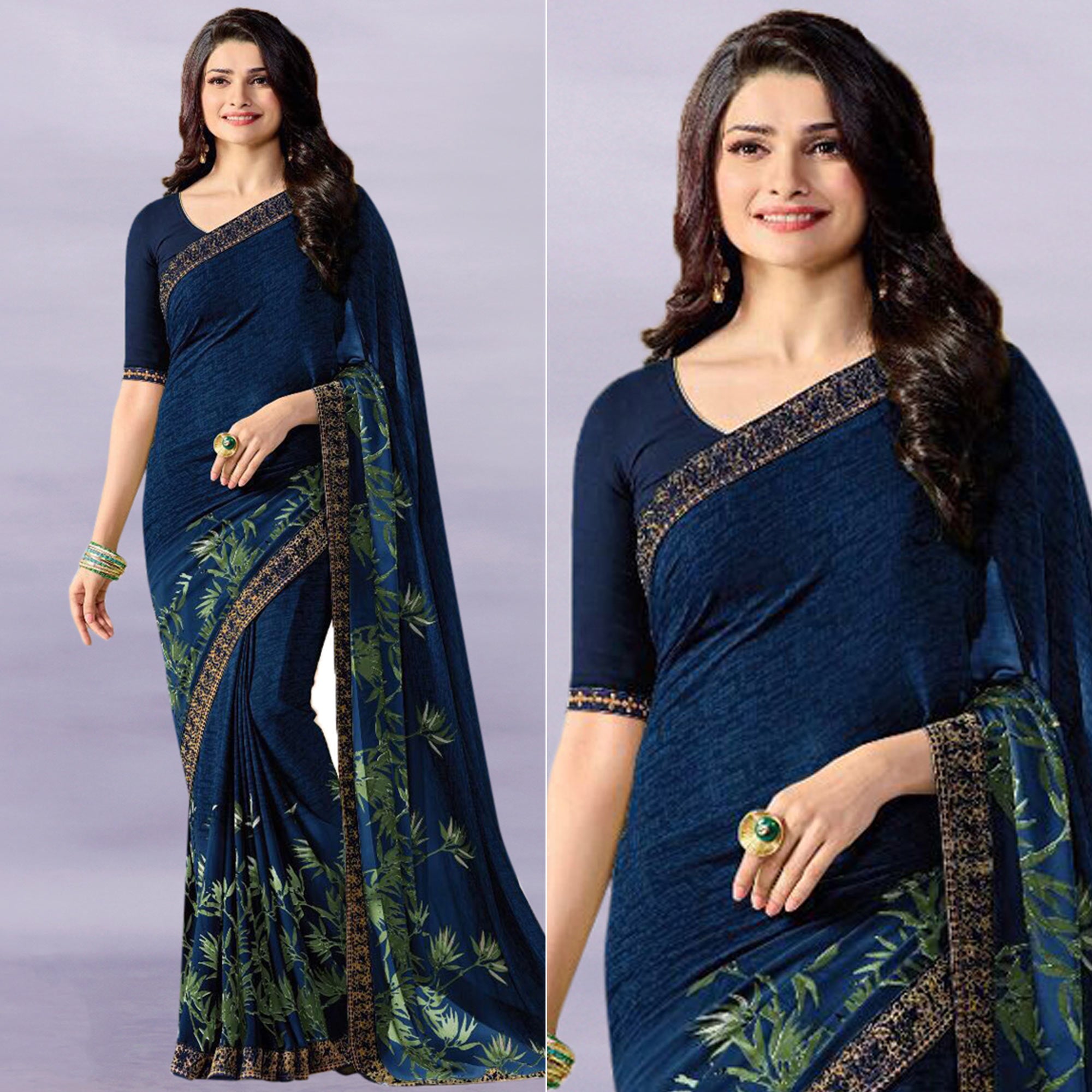 Peachmode Dark Blue Floral Printed Georgette Saree