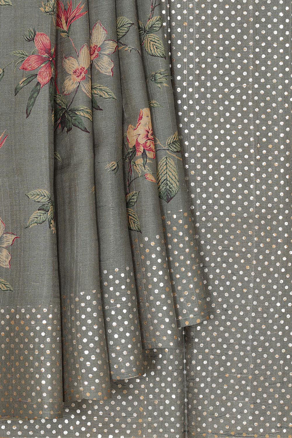 Kalanjali Grey Tussar Silk Saree With Flower Print