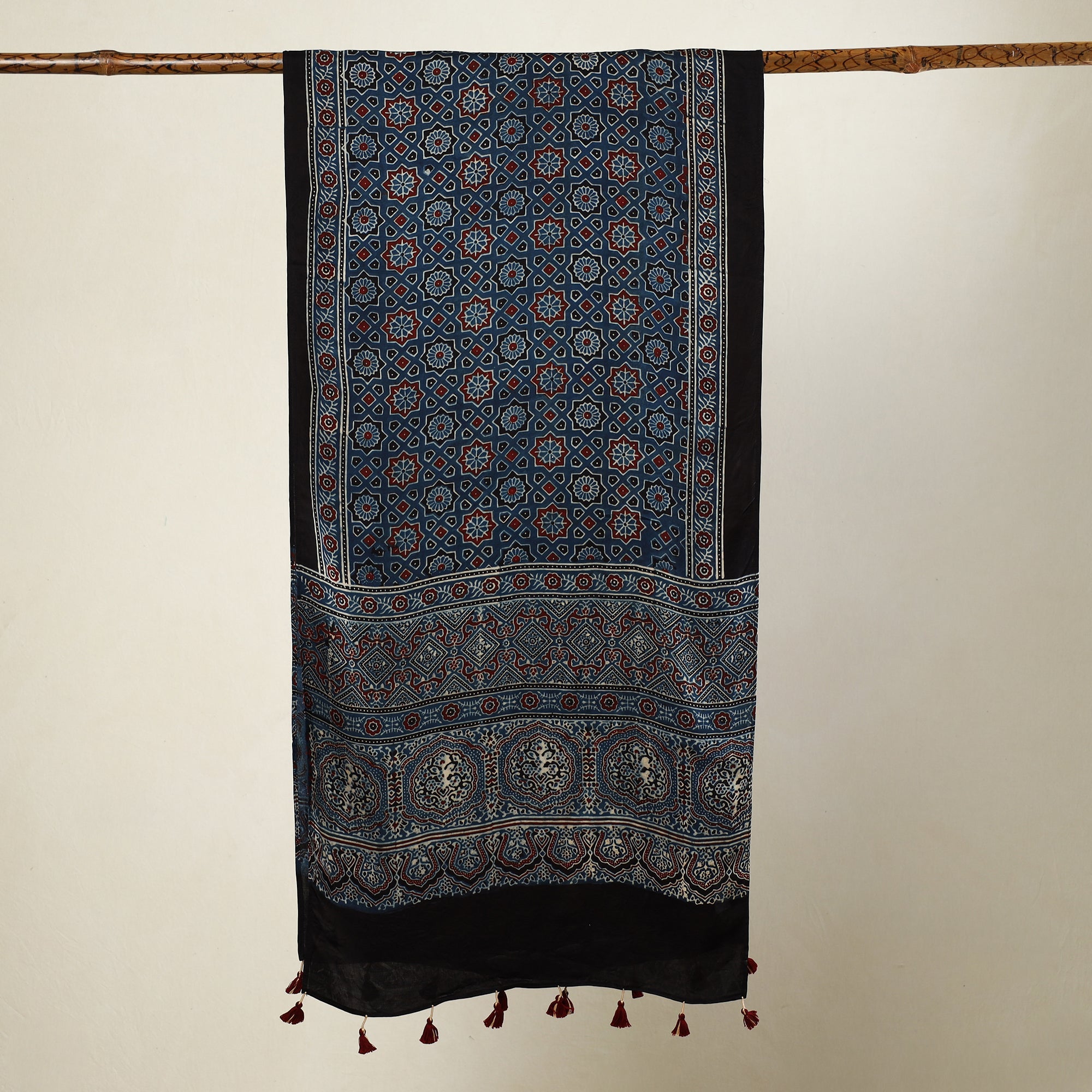 RIYAZ ABDULMAJID KHATRI - AJRAKH Blue - Ajrakh Block Printed Modal Silk Stole with Tassels - view 2