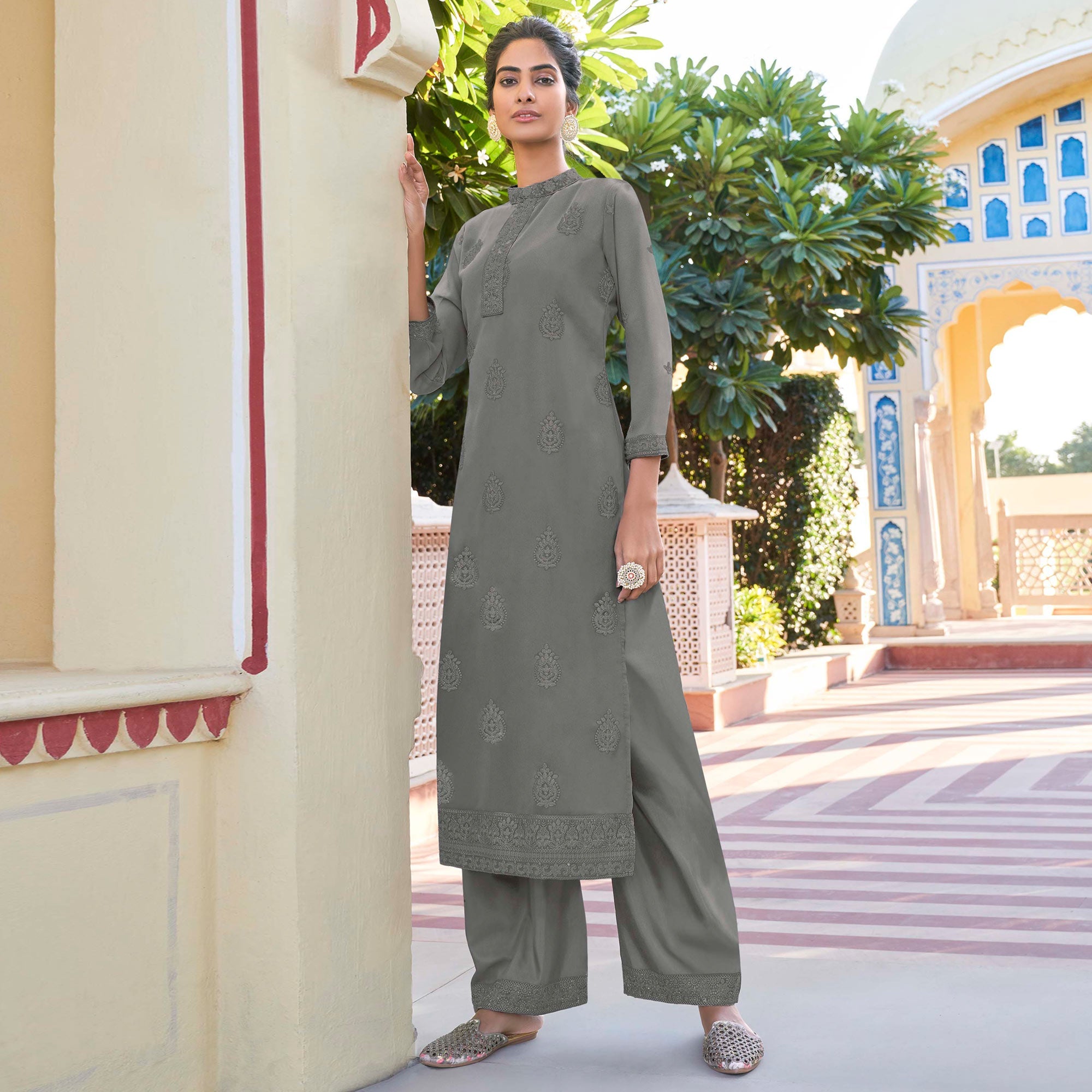 BlackTree grey-lucknowi-embroidered-georgette-kurti-palazzo-set - view 2