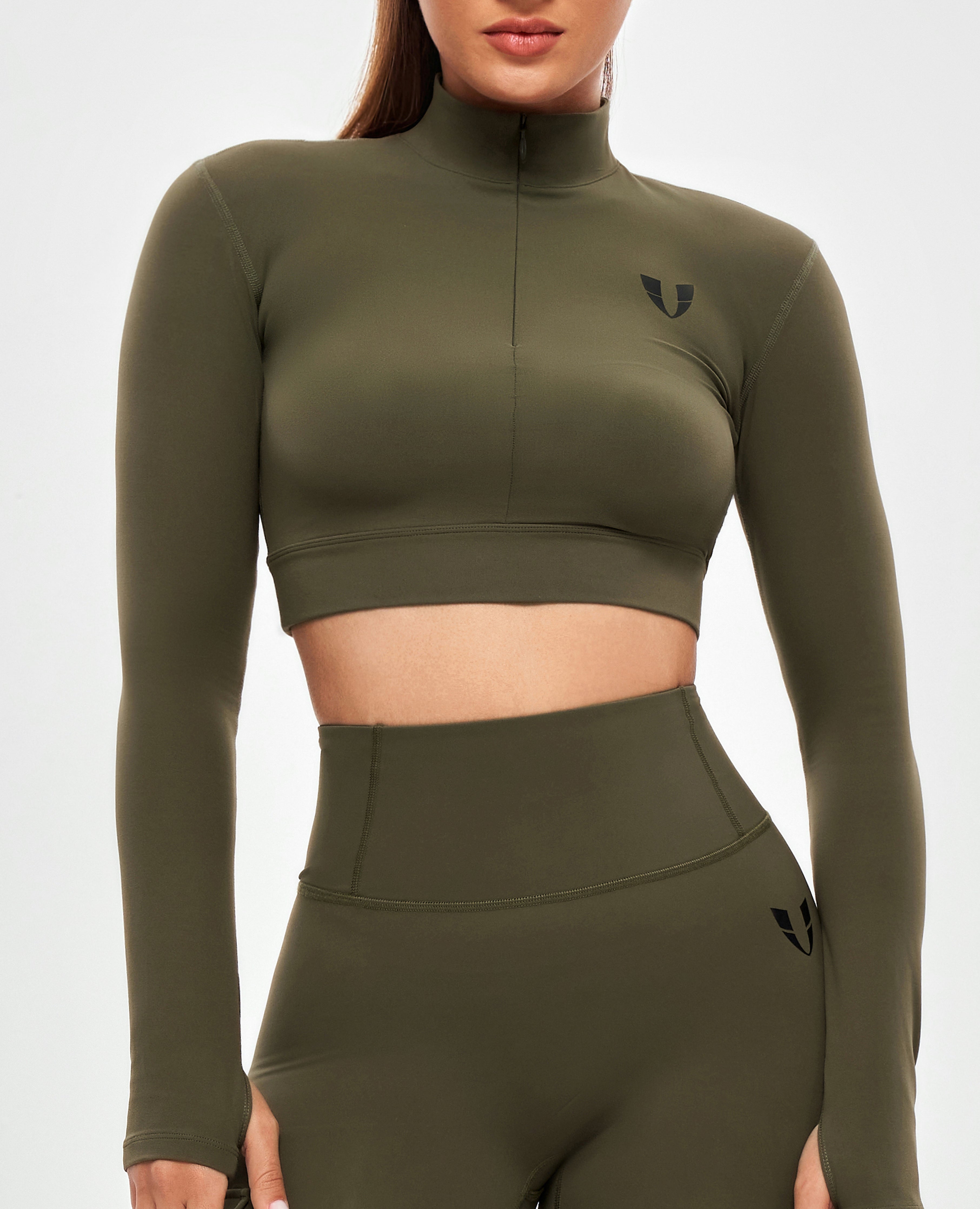 FIRM ABS Stand Collar Crop Top - Combat Green