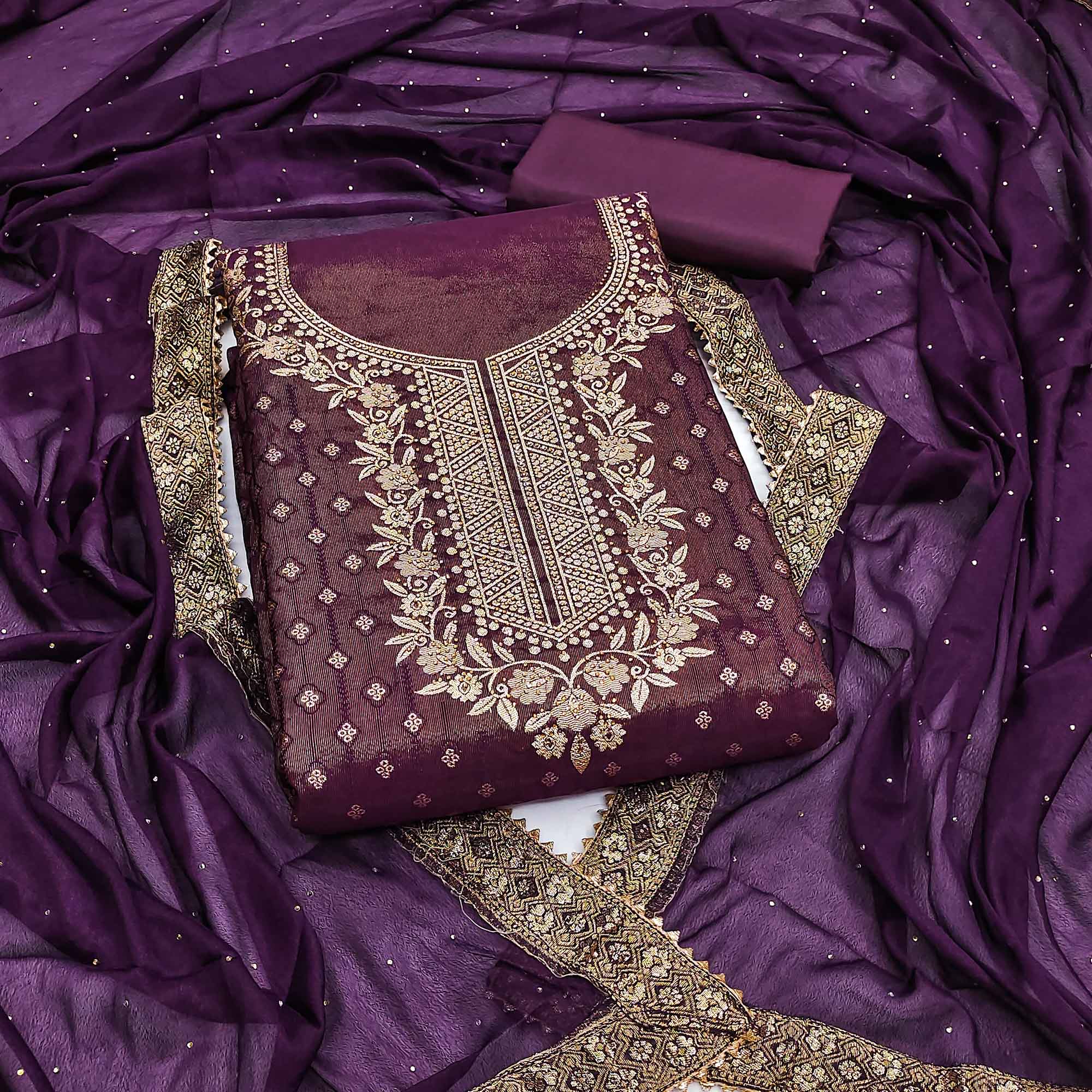 Peachmode Purple Floral Woven Shimmer Jacquard Dress Material