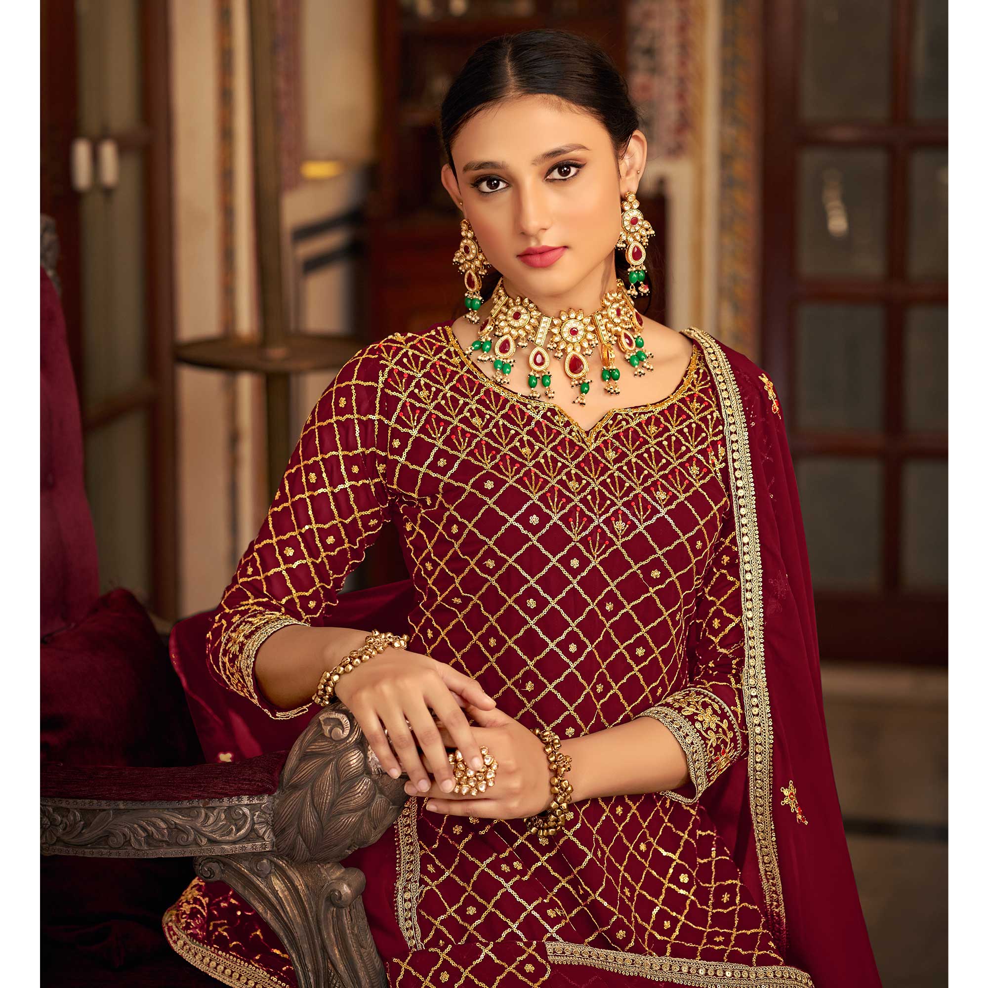 Peachmode Maroon Sequins Embroidered Chinon Semi Stitched Suit - view 6