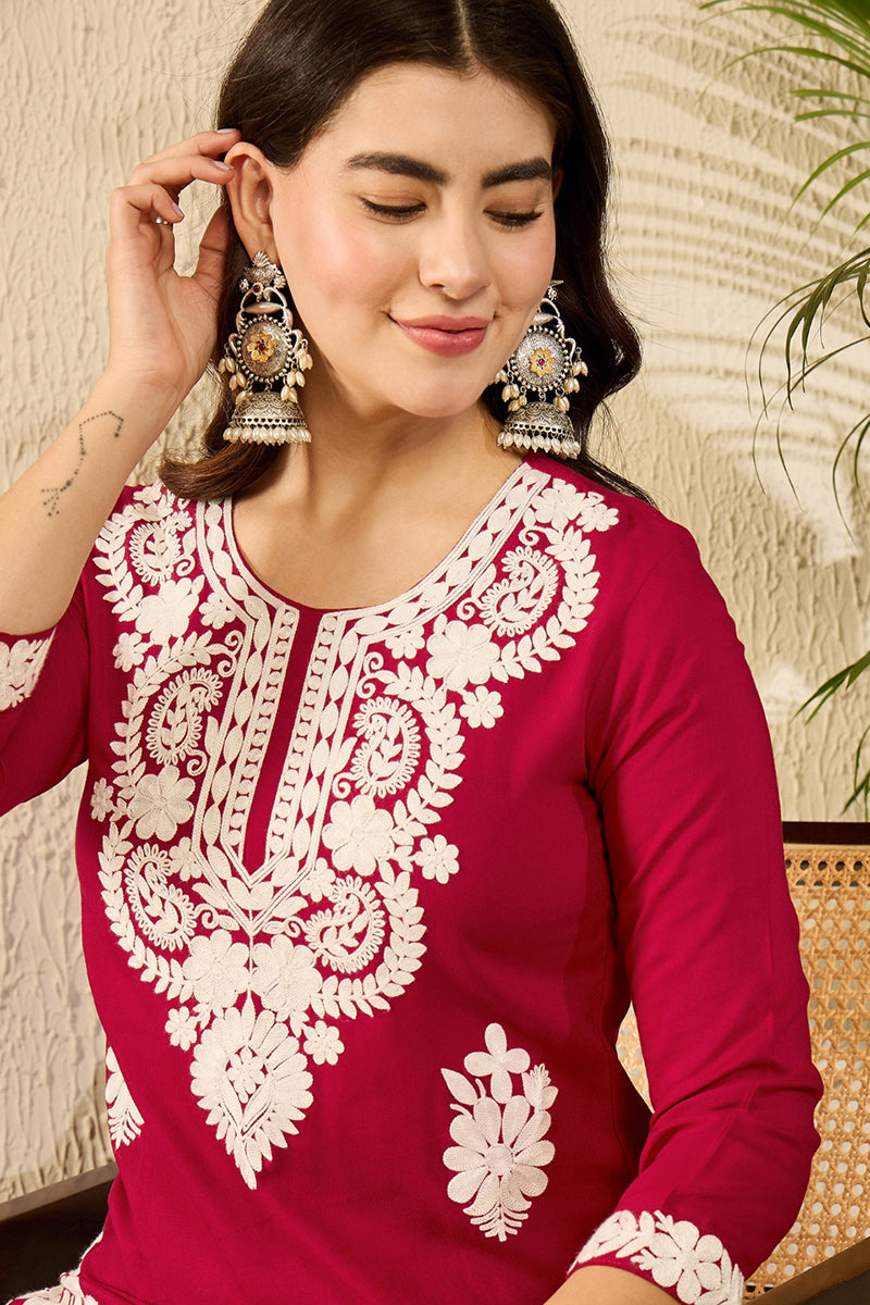 Ahika Red Viscose Rayon Solid Embroidered Straight Kurta VCK9782 - view 2