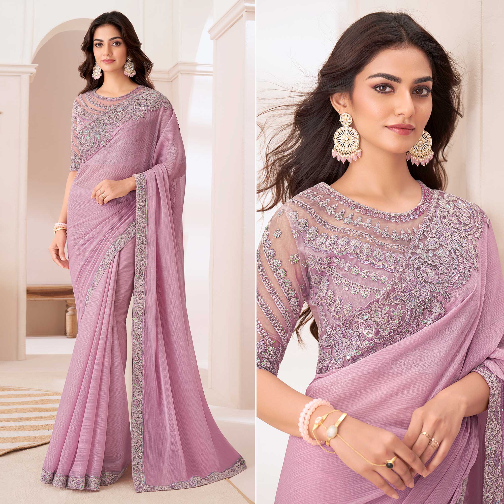 Peachmode Light Pink Embroidered Chiffon Saree