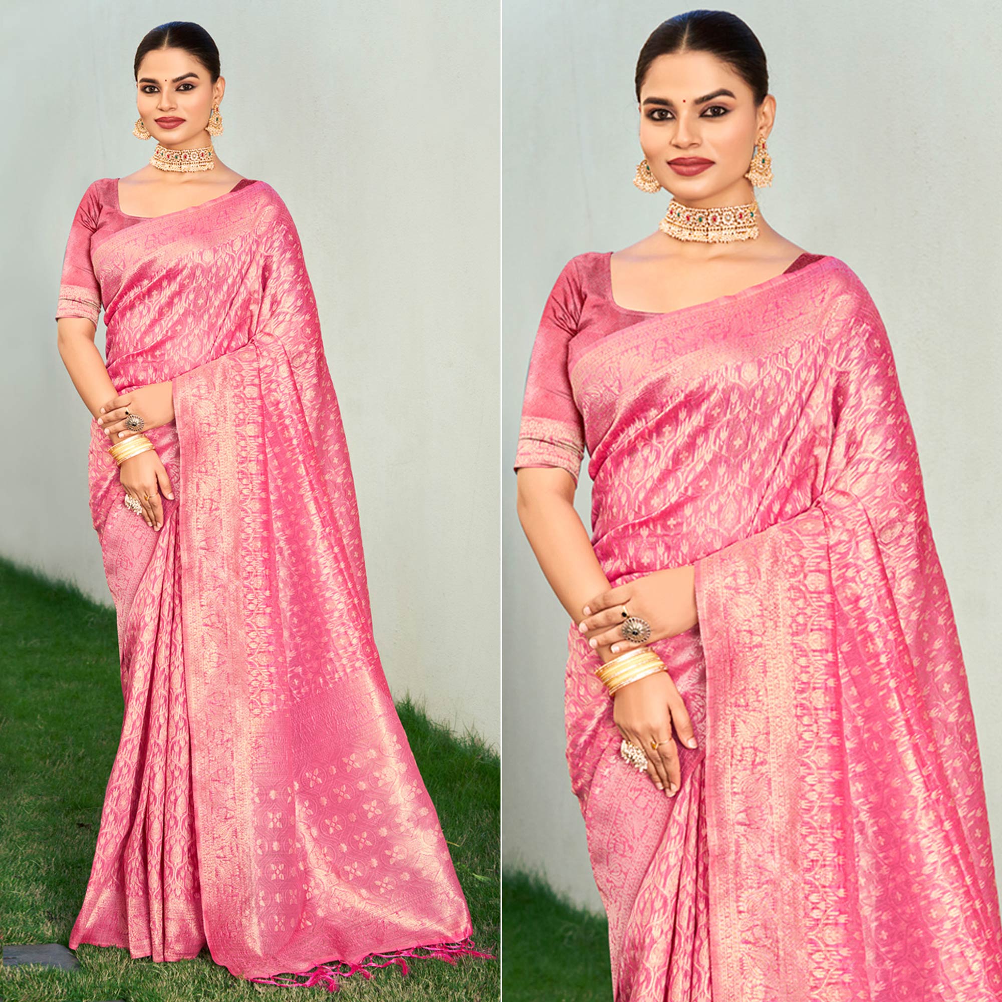 Peachmode Light Pink Floral Woven Cotton Blend Saree With Tassels