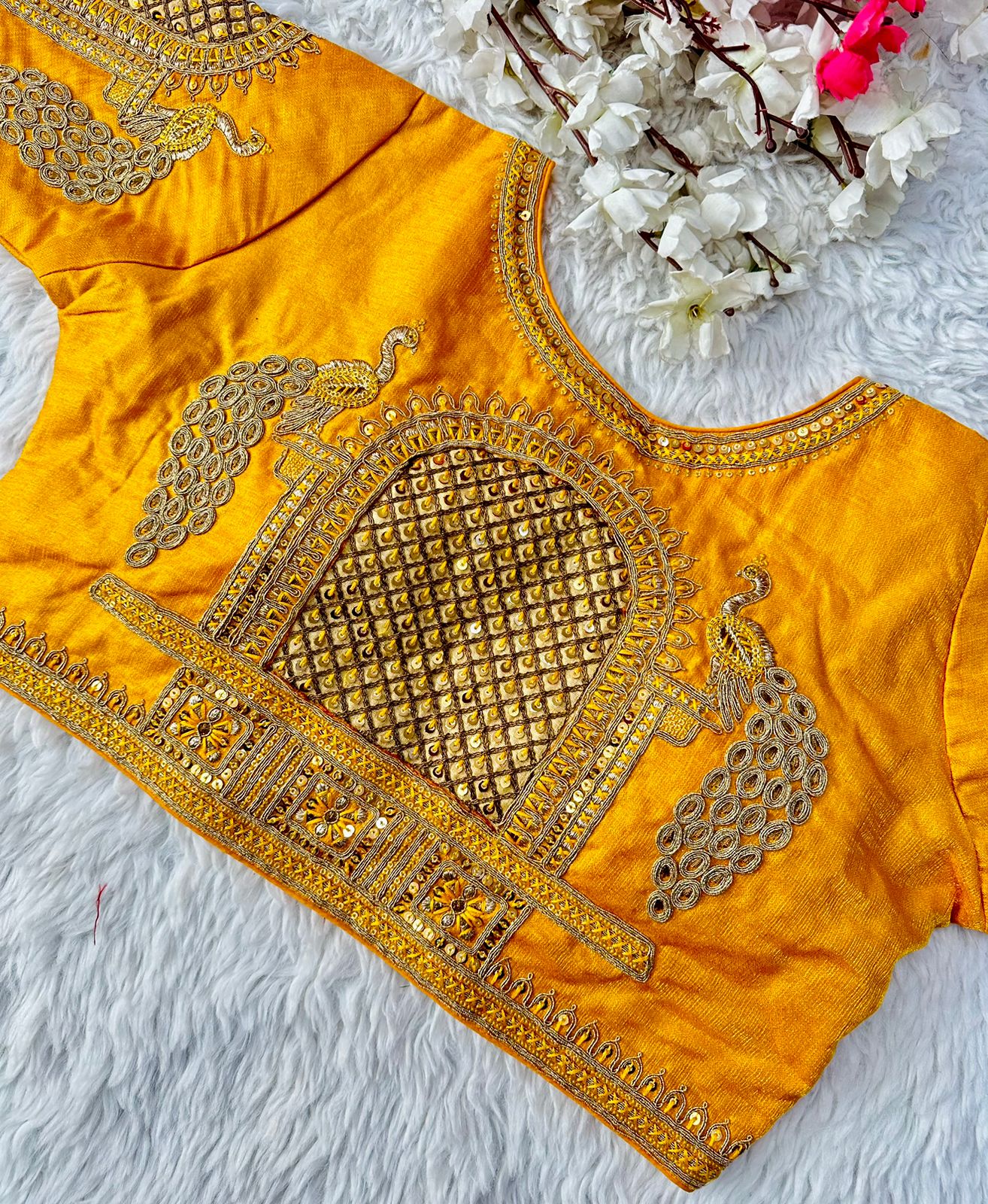 ClothsVilla Yellow Watermelon Silk Blouse with Beautiful Cording and Hand-Touched Sequins - view 2