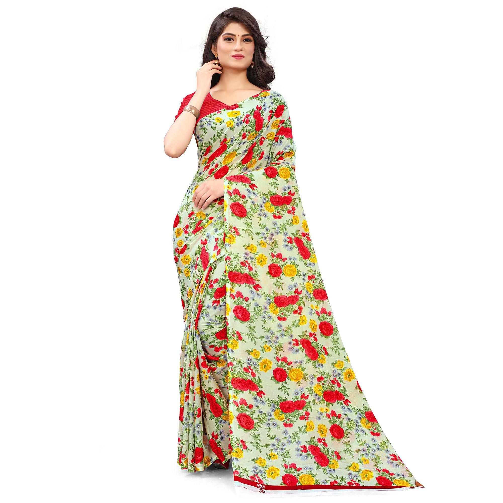 Peachmode Cream Casual Wear Floral Printed Georgette Saree