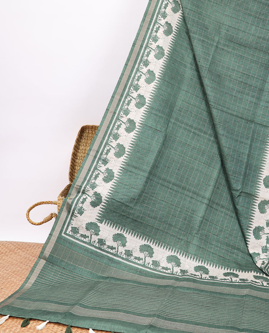 Pothys Green checked semi-banaras tussar saree with self - bullock cart border & checked pallu