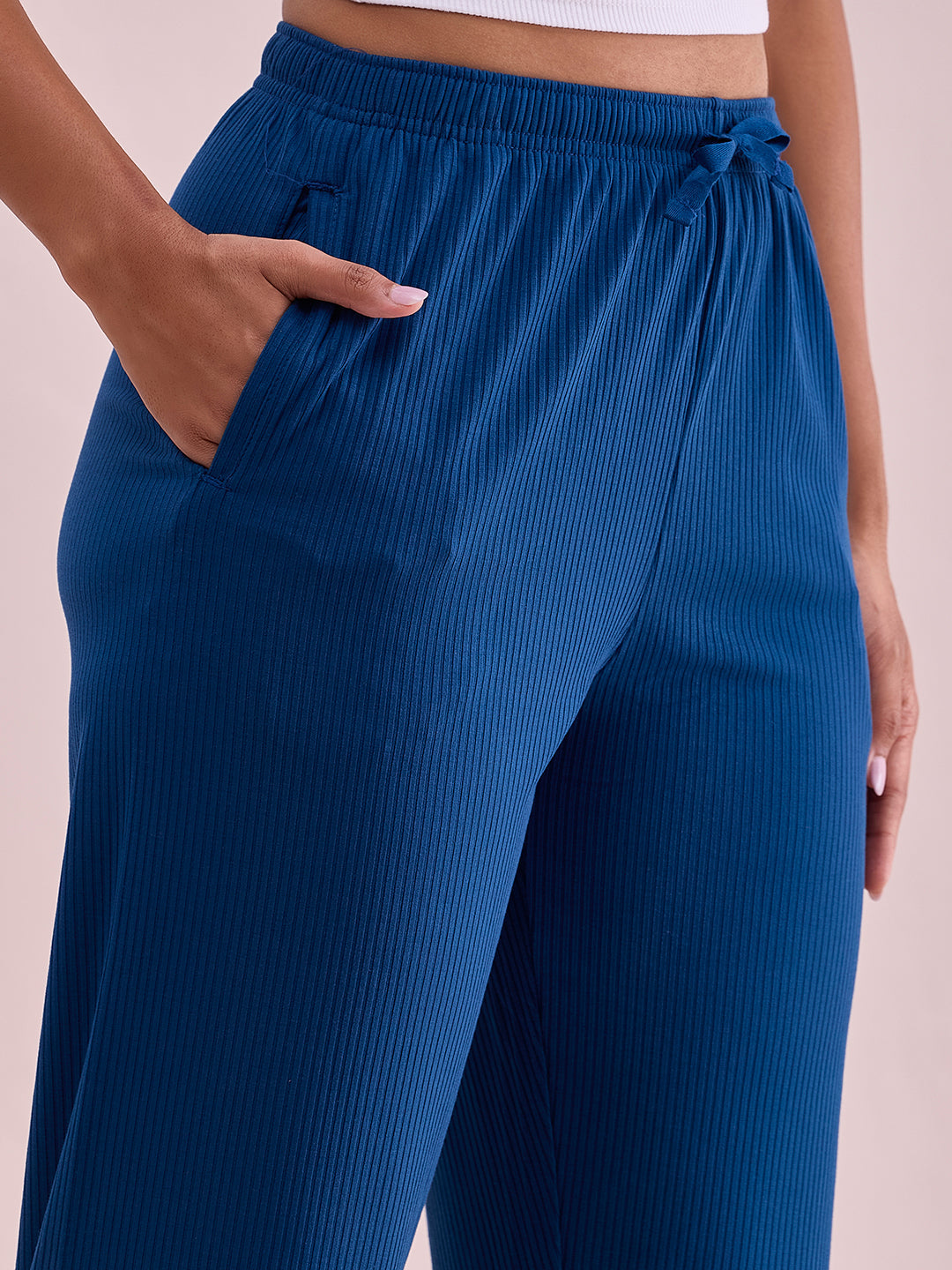 Go Colors Women Solid Turquoise Blue Mid Rise Casual Rib Pants - view 2