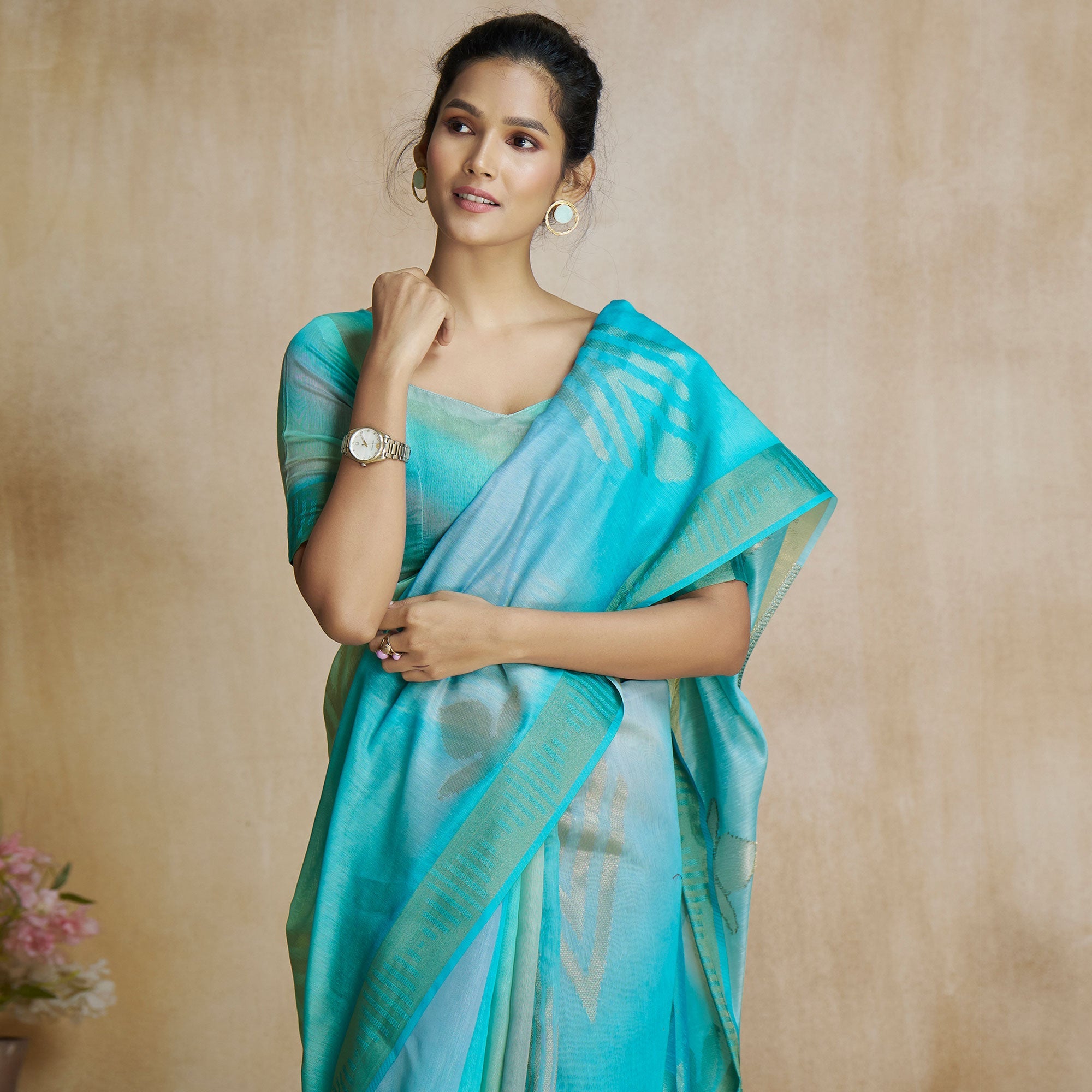 Peachmode Turquoise Digital Printed With Woven Pure Silk Ombre Saree - view 5