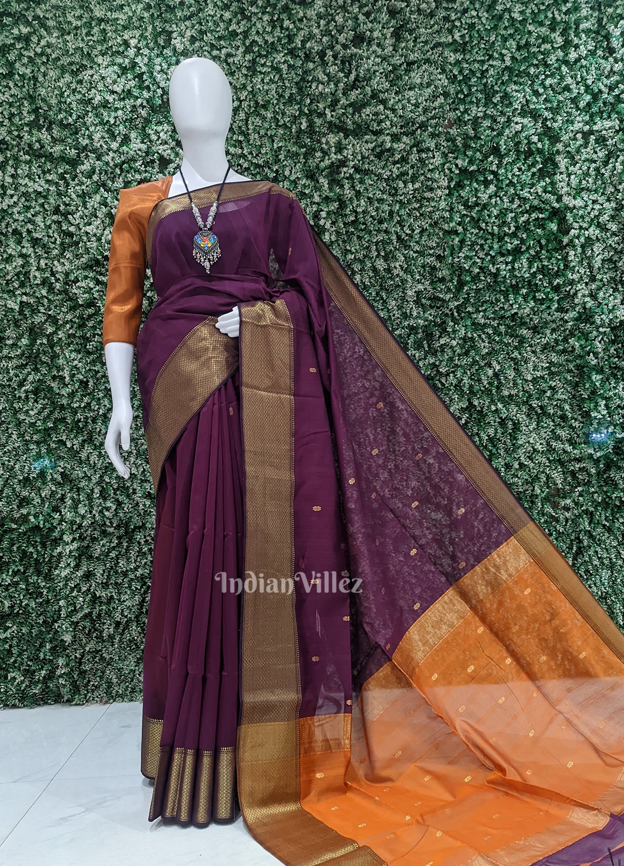 IndianVillèz Purple Wine with Mustard Yellow Leaf Motif Pure Silk Cotton Maheshwari Saree