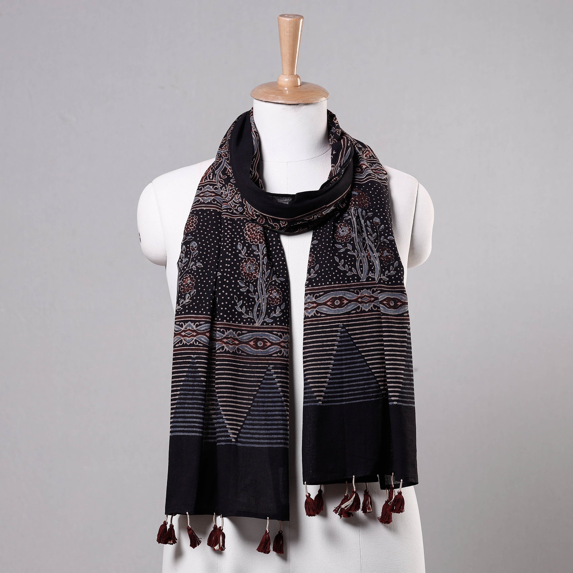 RIYAZ ABDULMAJID KHATRI - AJRAKH Black - Ajrakh Block Printed Mul Cotton Stole with Tassels