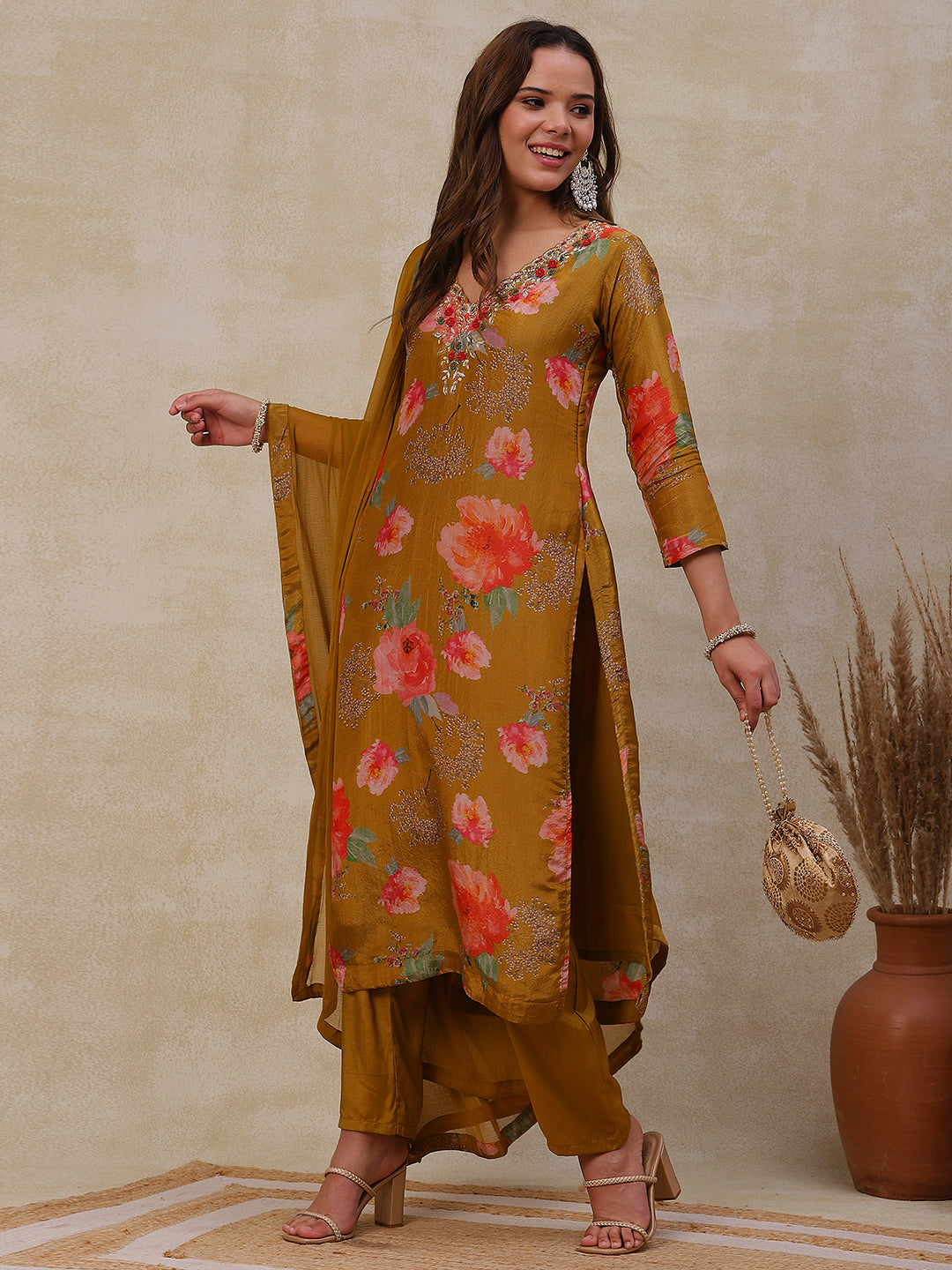 Fashor Floral Printed Zardozi Embroidered shimmer Kurta with Pants & Dupatta - Mustard - view 6