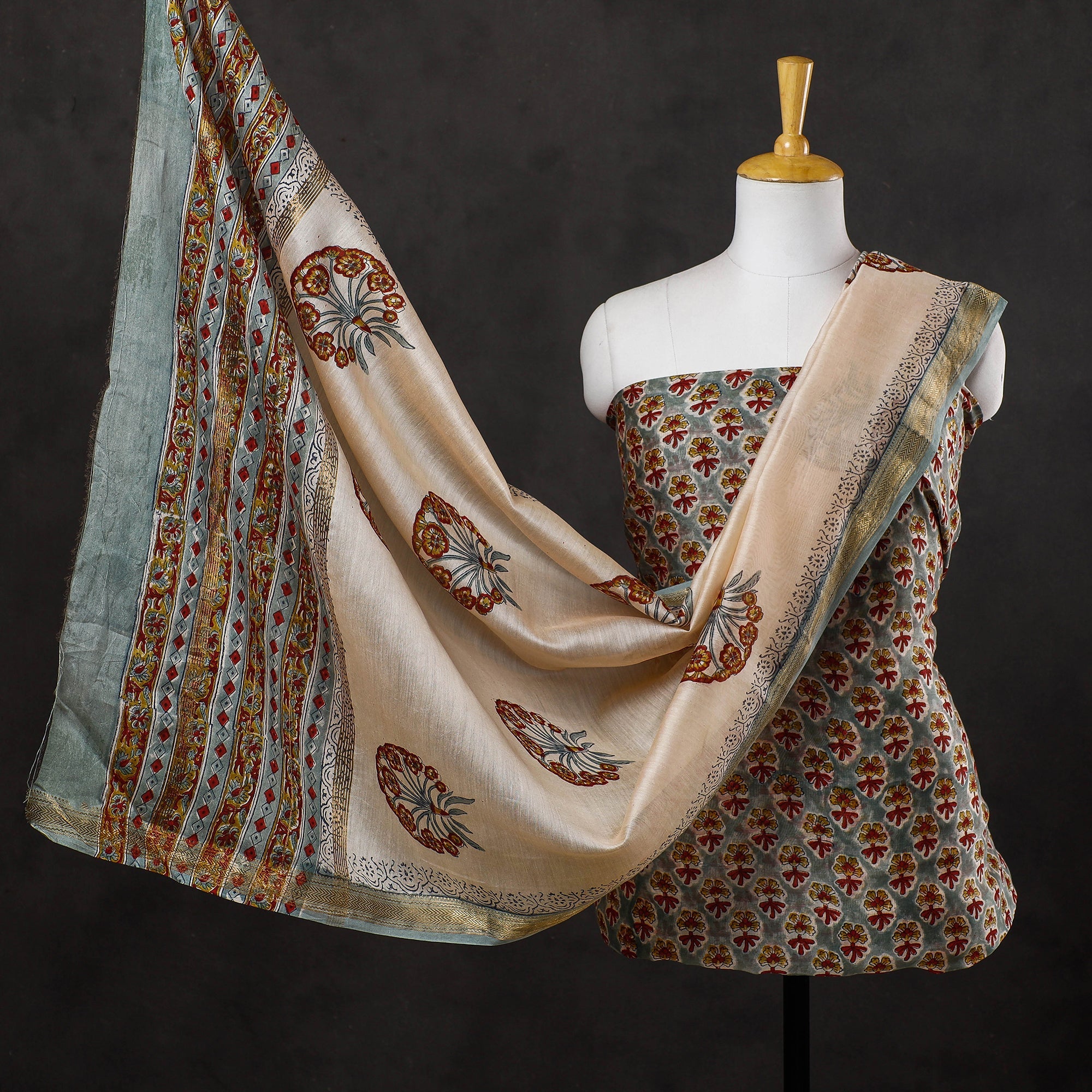 ARTISAN HAND BLOCK PRINTS 3pc Sanganeri Block Printed Maheshwari Silk Suit Material Set