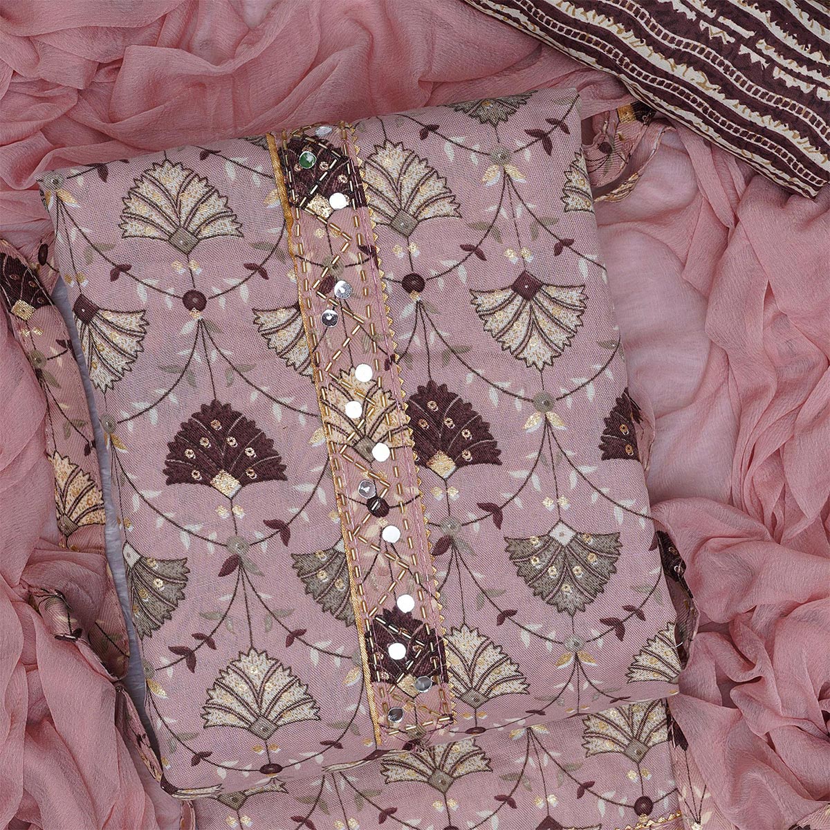 Peachmode Mauve Floral Foil Printed Cotton Blend Dress Material - view 2