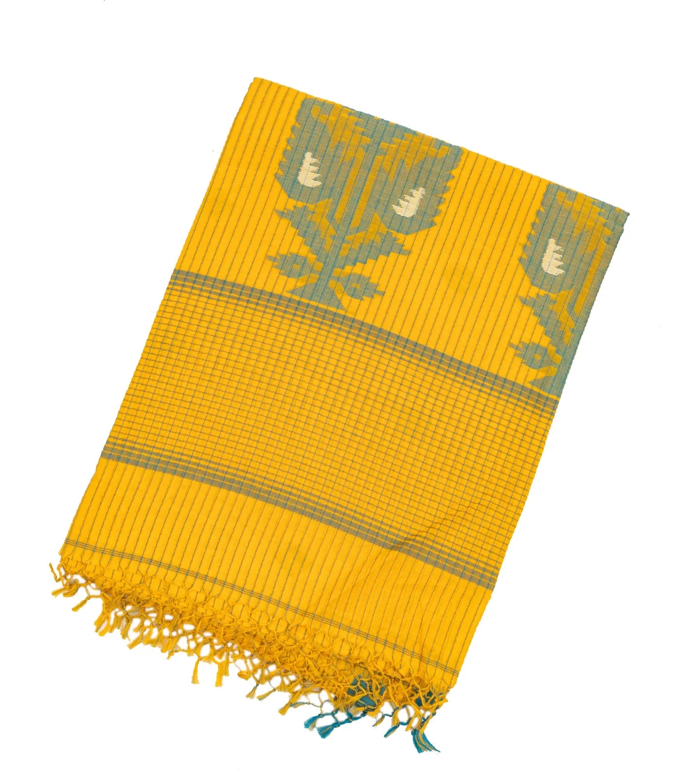 RmKV Yellow Handloom Bengal Cotton Saree And Floral Buttas