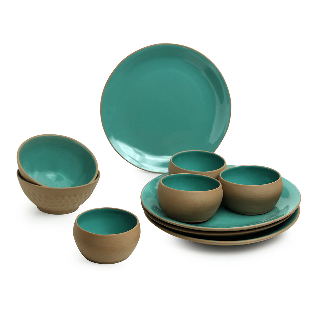 EXCLUSIVELANE 'Earthen Turquoise' Hand Glazed Dinner Plates With Serving Bowls & Katoris In Ceramic (10 Pieces, Serving for 4, Microwave Safe) - view 2