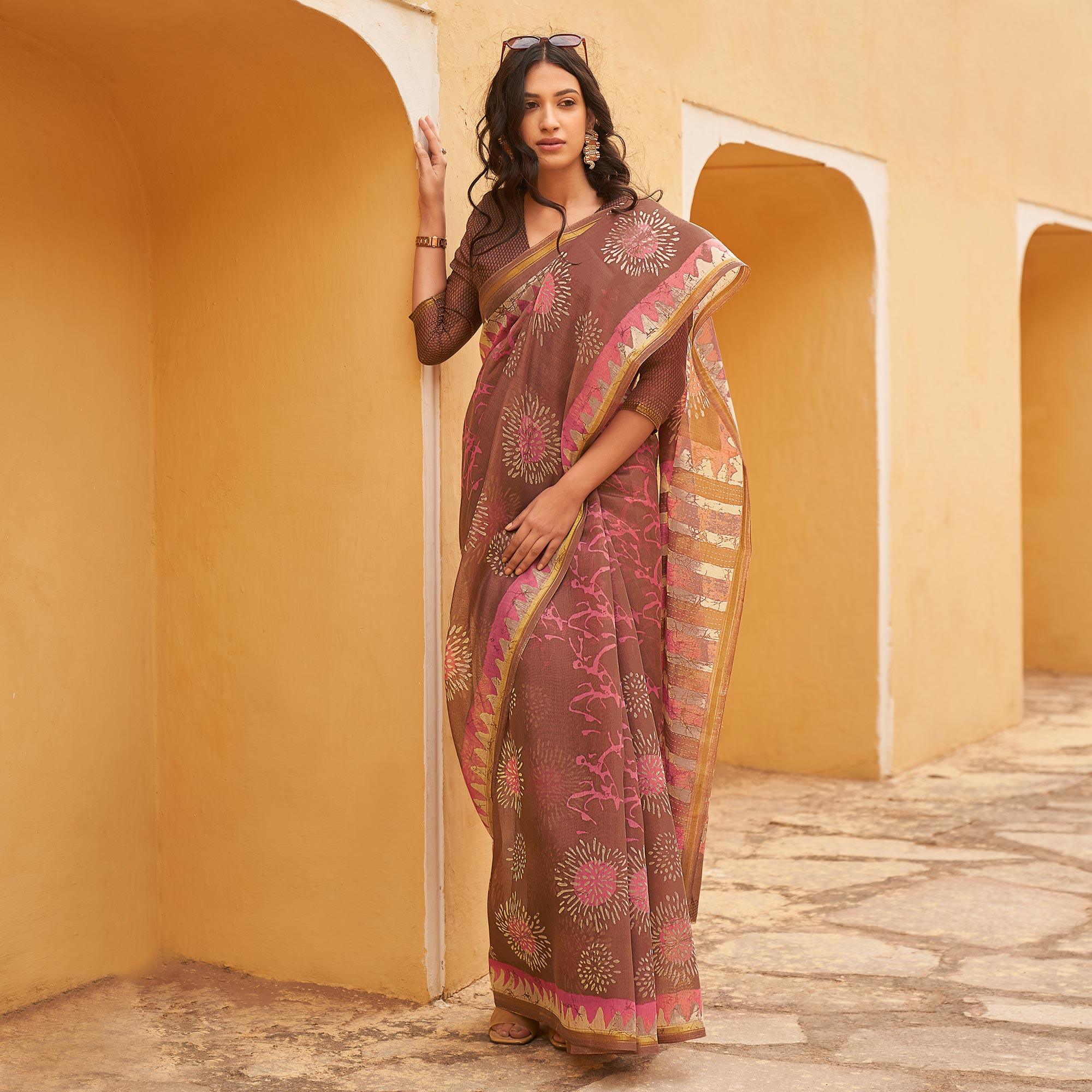 Peachmode Brown Casual Wear Fancy Printed Linen Saree