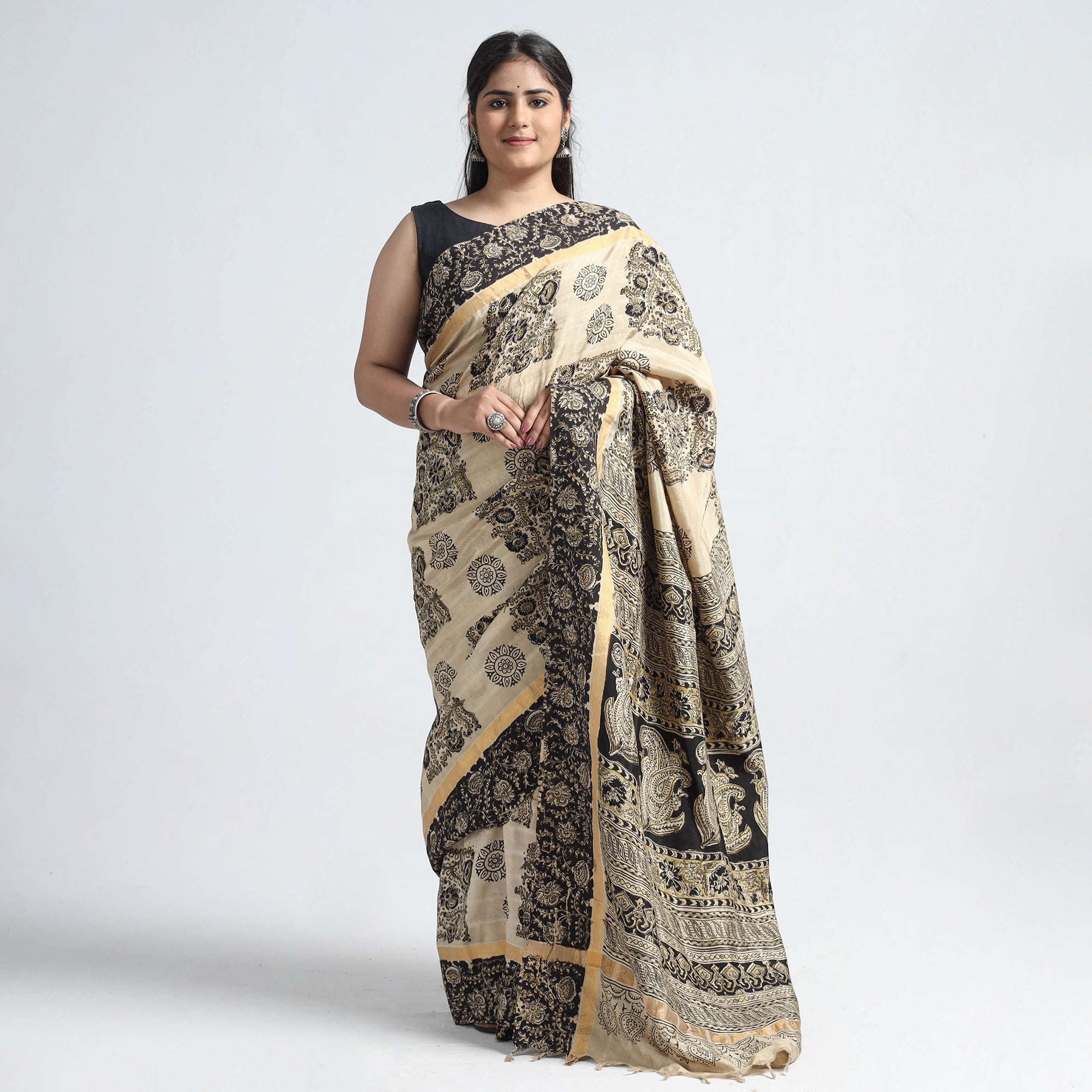 SOUTH KARGHA Beige - Kalamkari Printed Silk Cotton Saree with Zari Border