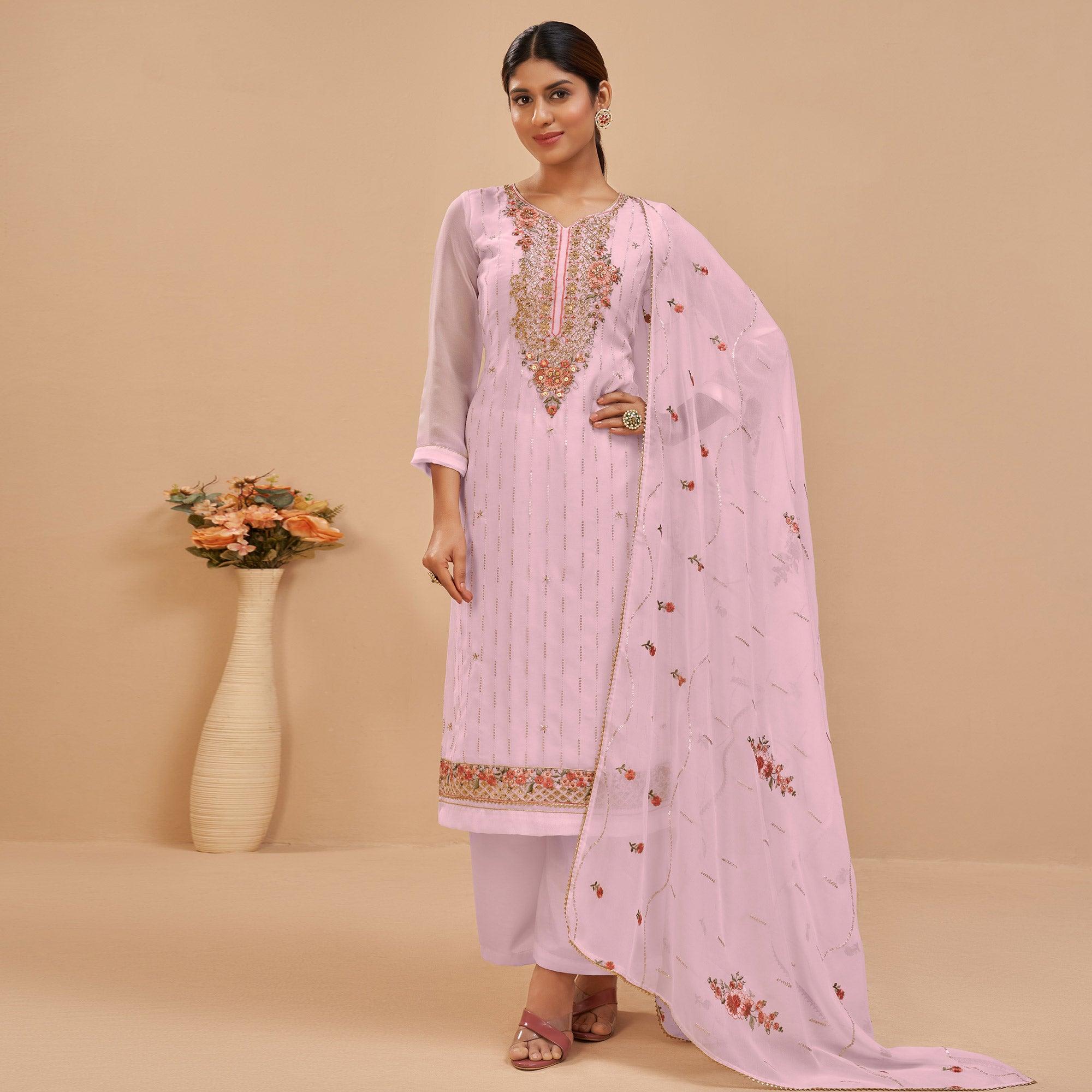Peachmode Light Pink Party Wear Embroidered Georgette Suit - view 4