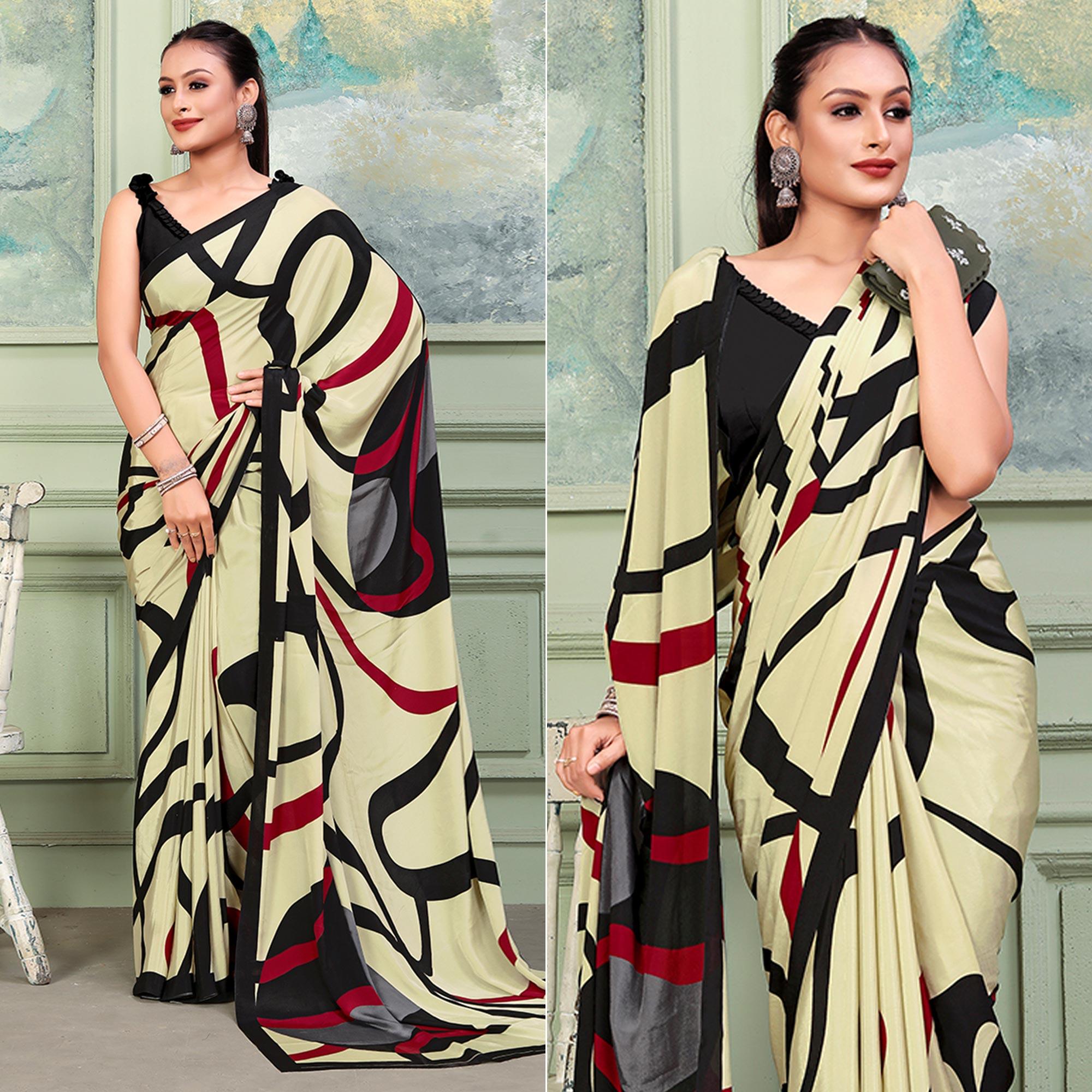 Peachmode Cream Printed Raw Silk Saree – Women's