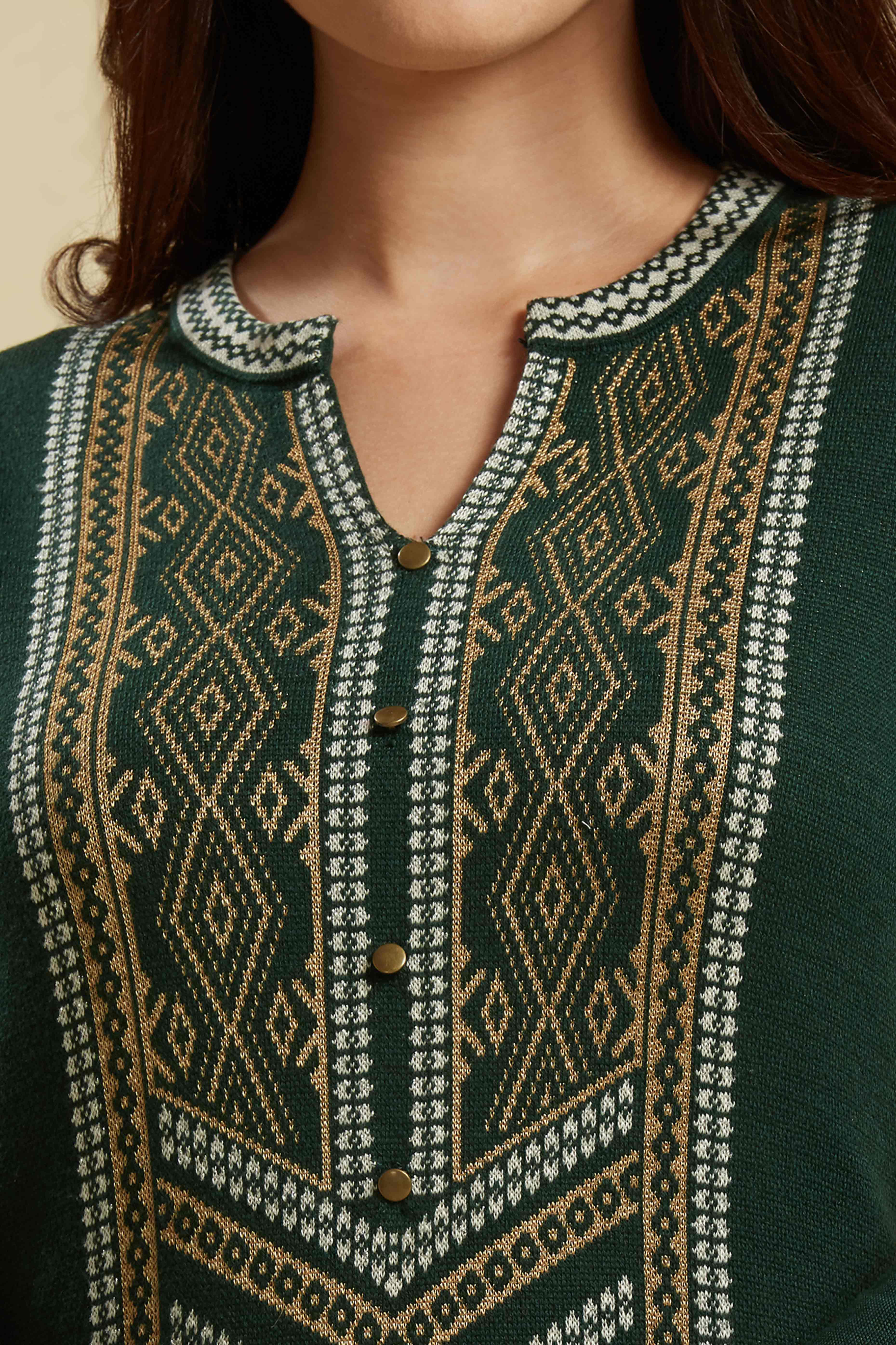 Peachmode Bottle Green Floral Woolen Top Bottom Set - view 2