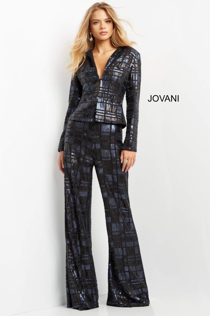 Jovani 07166 Long Beaded Formal Sequin Fit Pant Suit