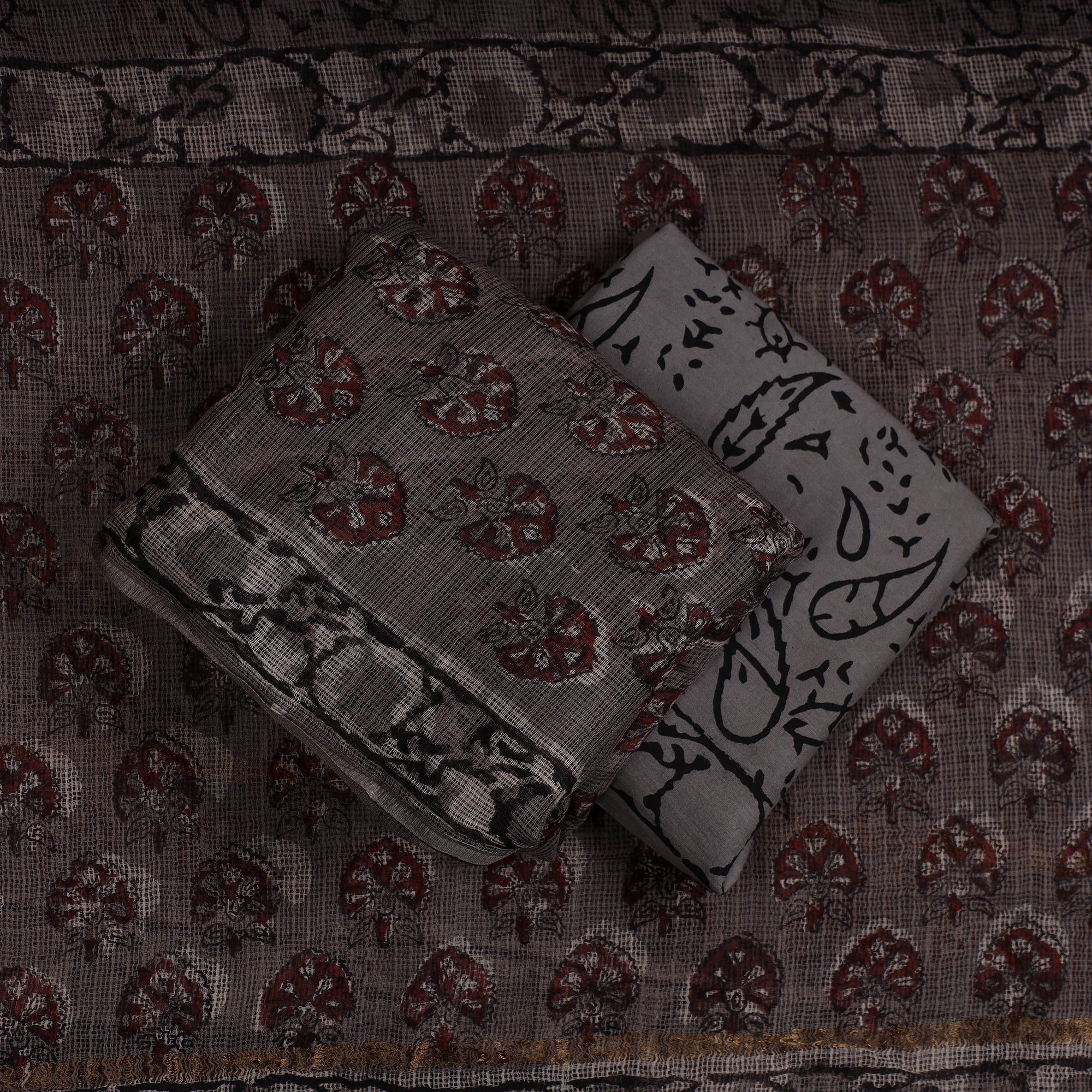 ARTISAN HAND BLOCK PRINTS Brown - 3pc Jahota Block Printed Kota Doria Suit Material Set - view 2