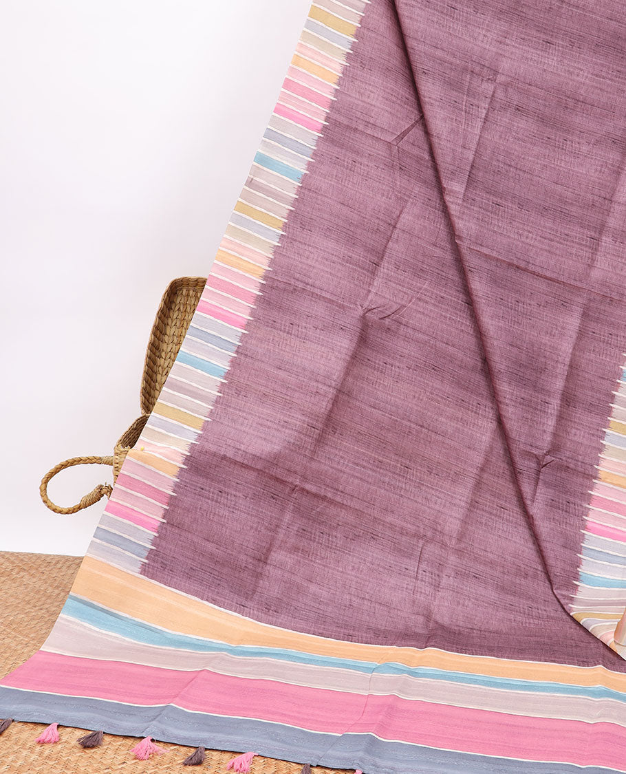 Pothys Violet semi-banaras tussar saree with contrast striped border & multi-colored striped pallu