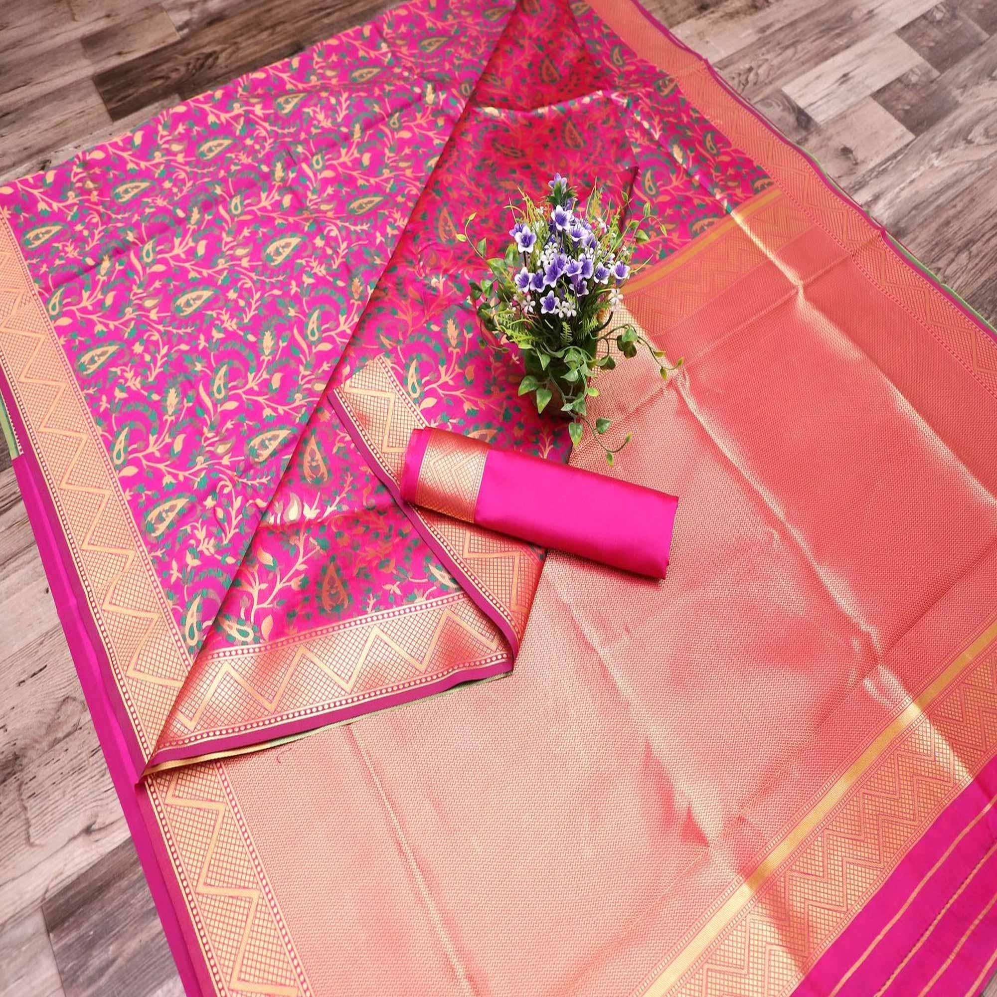 Peachmode Demanding Pink Colored Festive Wear Printed Banarasi Silk Saree