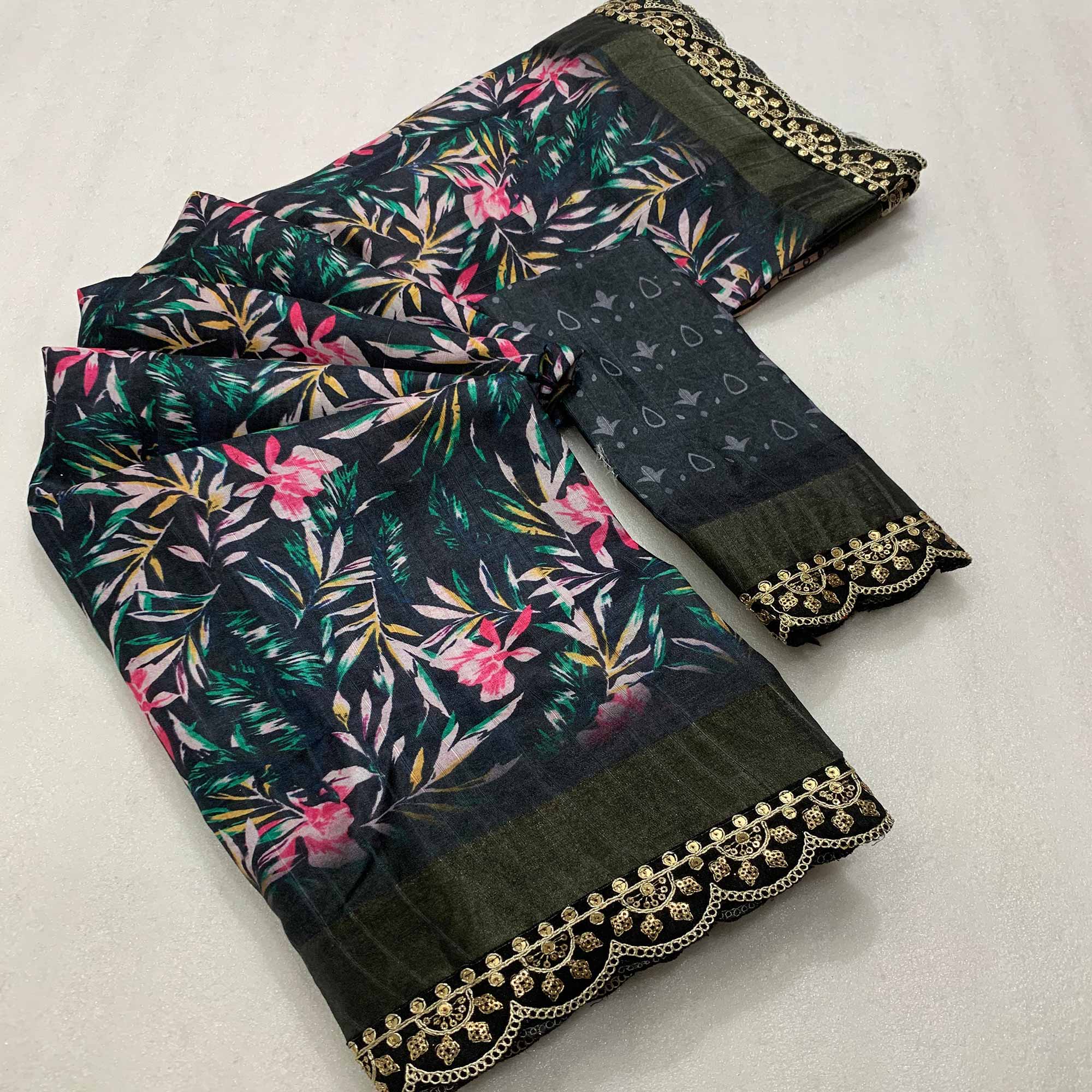 Peachmode Black Floral Digital Printed Tussar Silk Saree With Sequins Embroidered Border