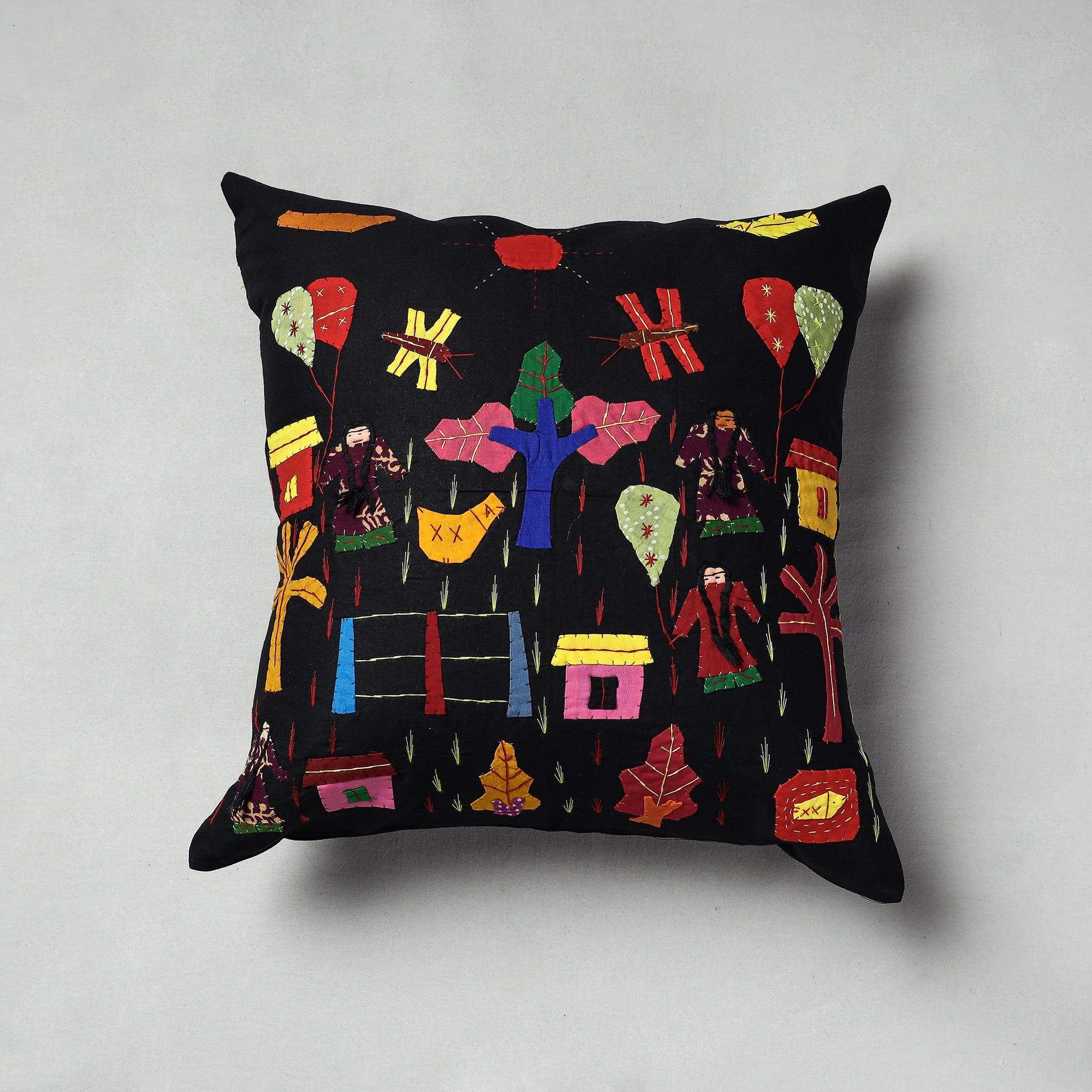 ASHOKA ASSEMBLE - CELEBRATING CRAFTS OF ODISHA Black - Pipli Applique Work Cotton Cushion Cover (16 x 16 in)