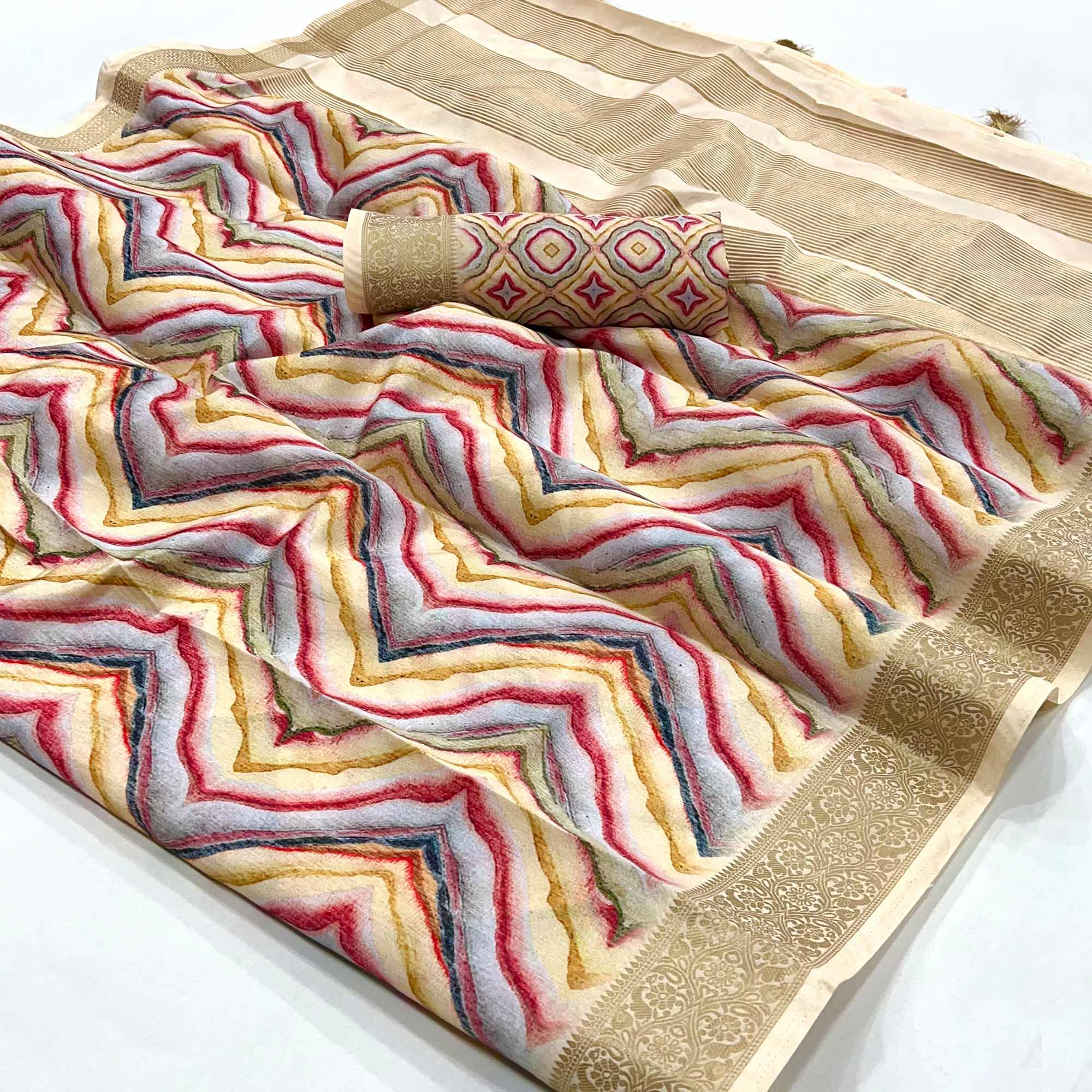 Peachmode Cream Digital Printed Dola Silk Saree With Woven Border