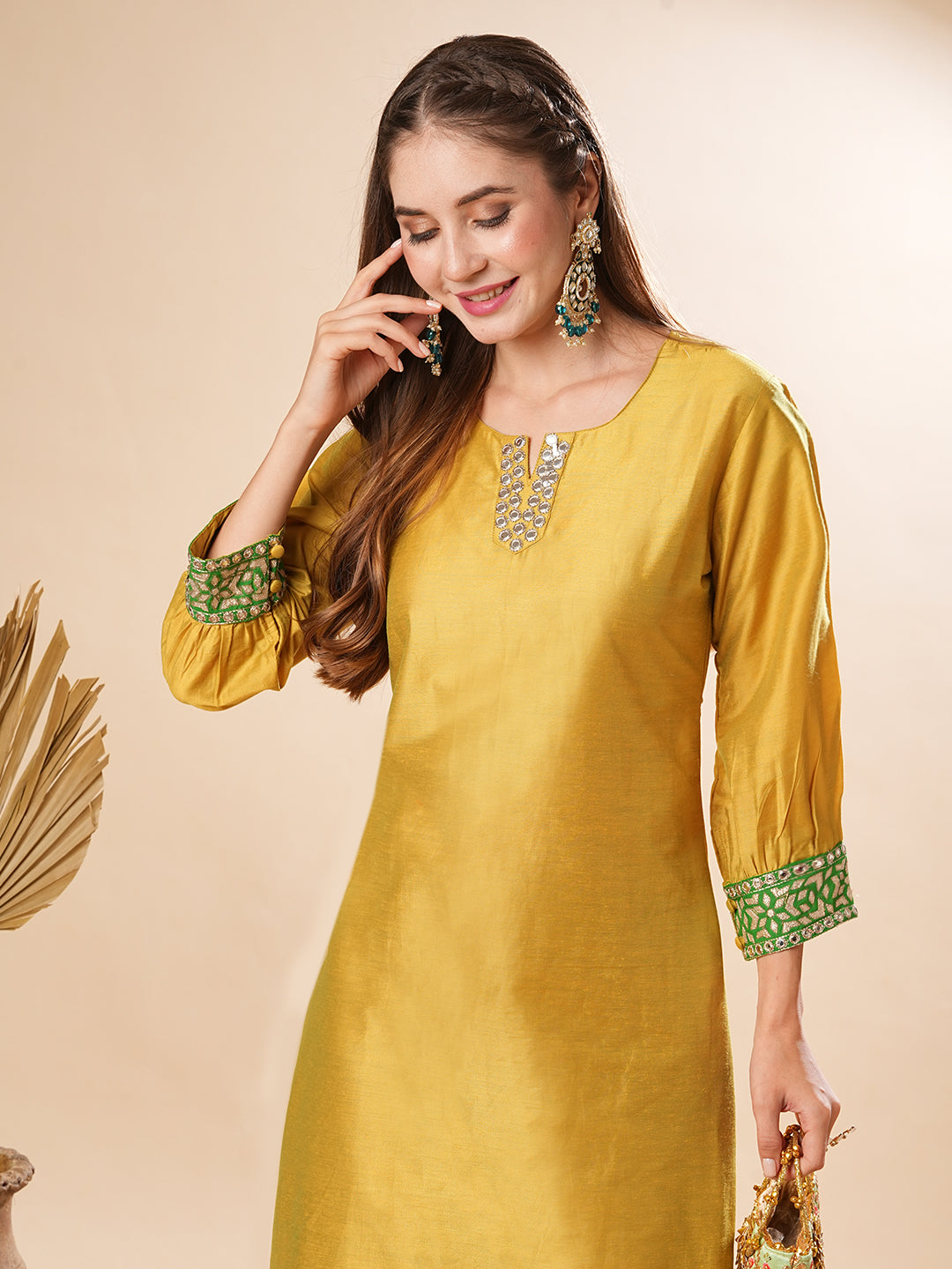 Fashor Solid Two-Toned Mirror, Zari & Applique Embroidered Kurta with Pants Set - Yellow - view 2